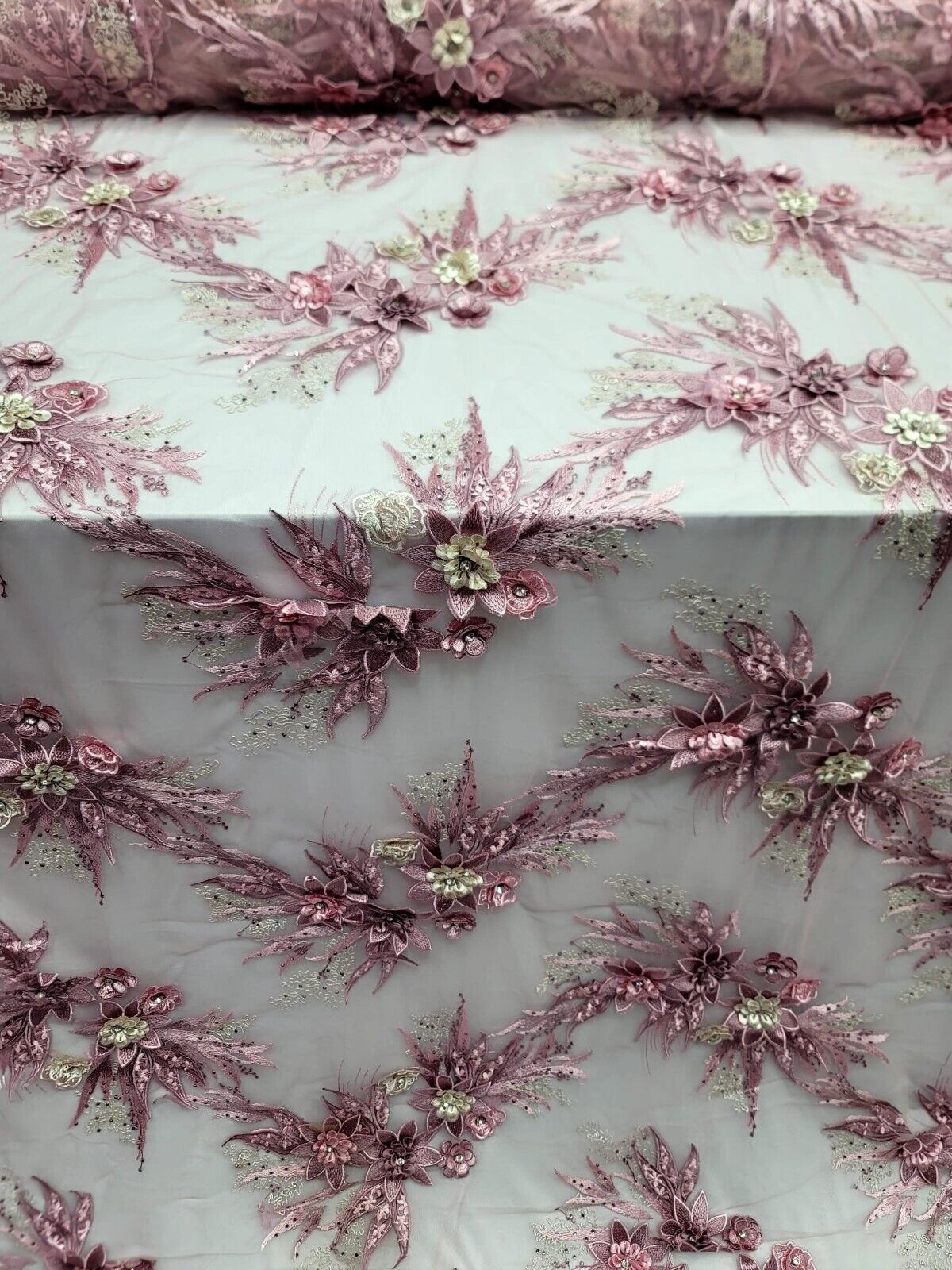 DUSTY ROSE 3D Mauve Flowers Rhinestones Embroidery Lace Fabric - Sold By The Yard