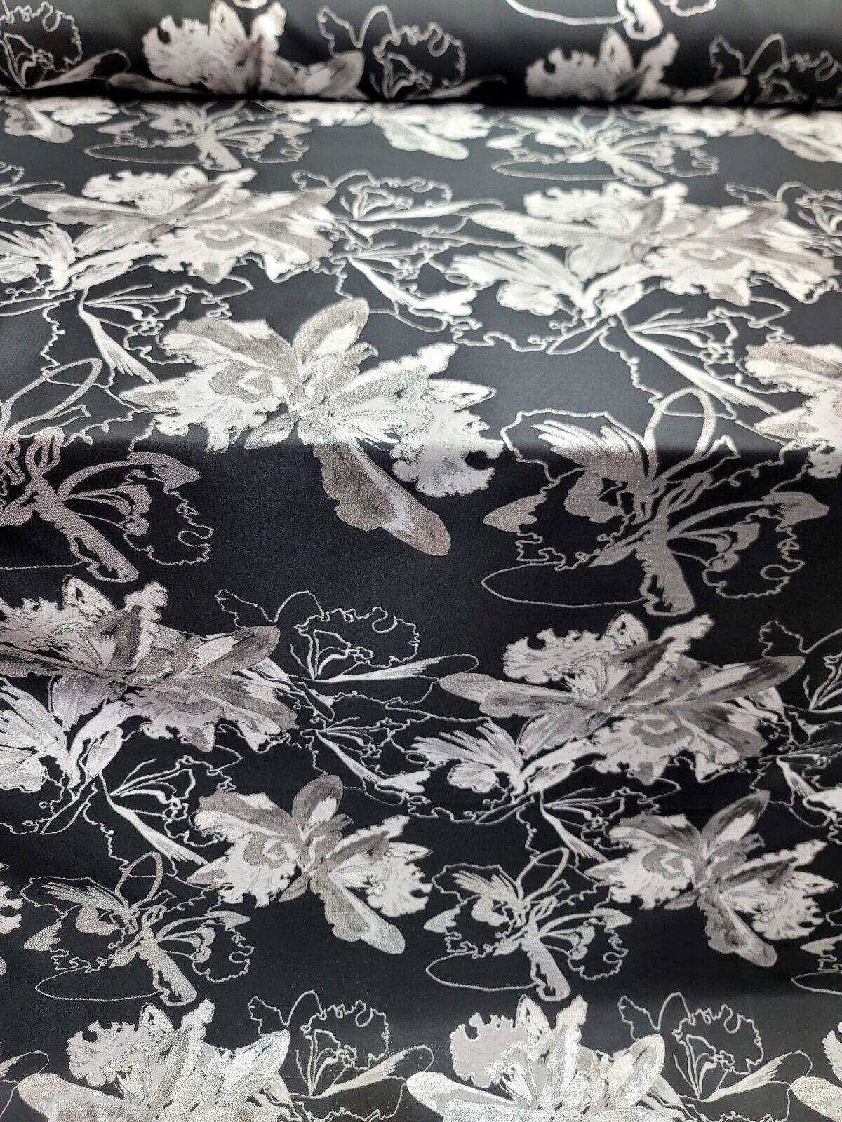 Silver Floral Black Brocade Fabric - 60" Width - Sold by the Yard
