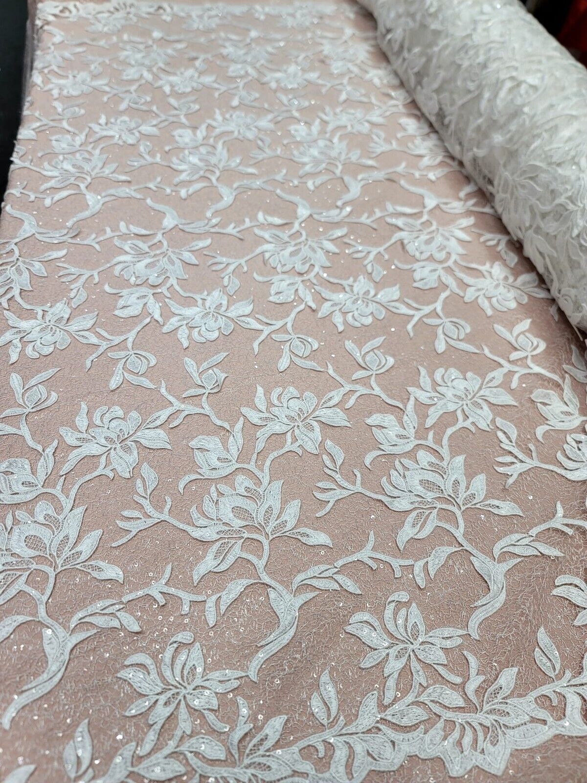 White Embroidery Lace Guipure Floral Flowers Clear Sequin On Mesh Fabric - Sold By The Yard - Clothing Dress Bridal Evening Gown Quinceañera Prom