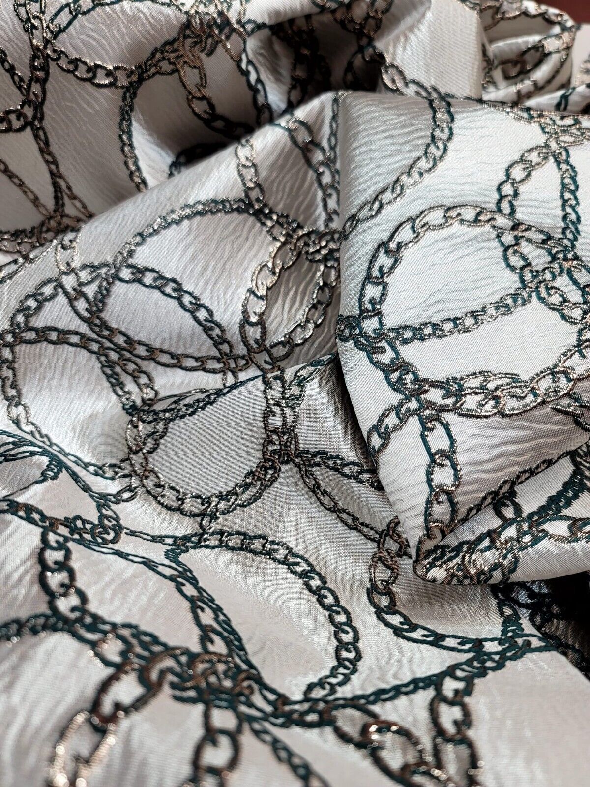 Beige and Hunter Green and Gold Brocade Fabric with Gold Metallic Chain Geometric Pattern - Sold by Yard - Perfect for Fashion, Home Decor, and Elegant Creations