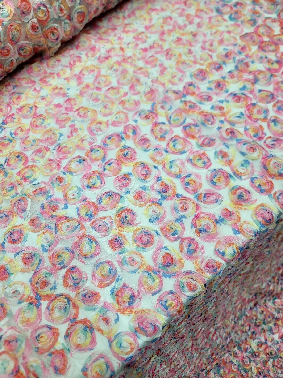 Pink Lace Multicolor Flowers Embroidery On Mesh White Fabric By The Yard