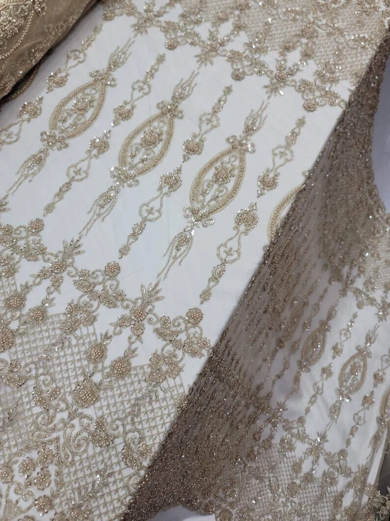 Champagne Beaded Lace Embroidery Floral Fabric - Sold by the Yard - Perfect for Prom Gowns and Quinceañera Attire