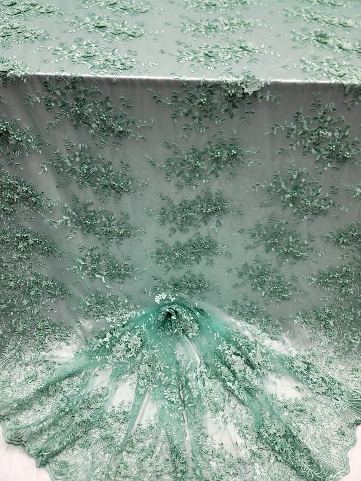 Sage green 3d Floral Embroidery Pearls Mesh Lace Scalloped Fabric By yard 54" w