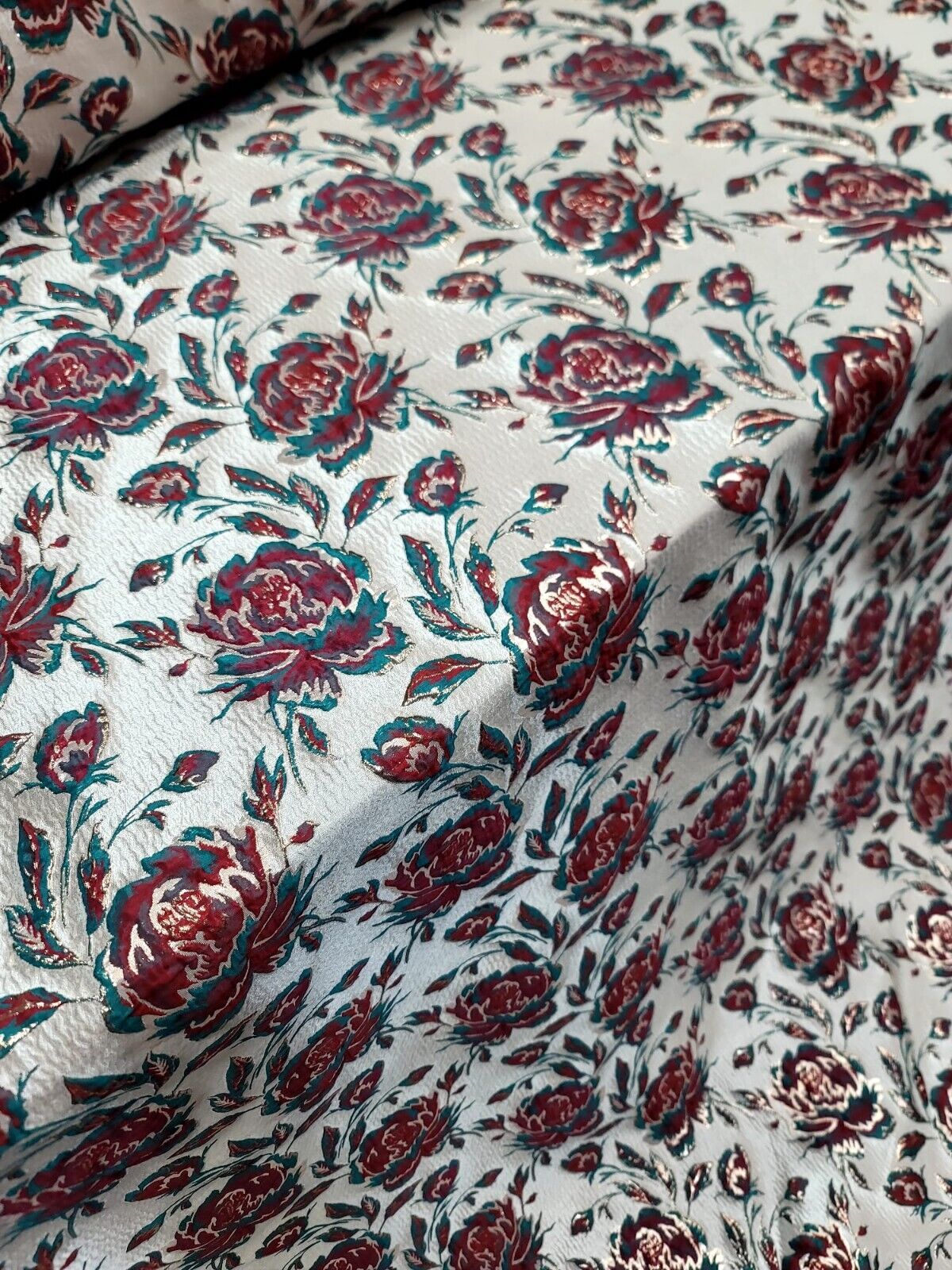 RED BROCADE FLORAL JACQUARD FABRIC WEDDING BY YARD HOME DECOR BEIGE BACKGROUND
