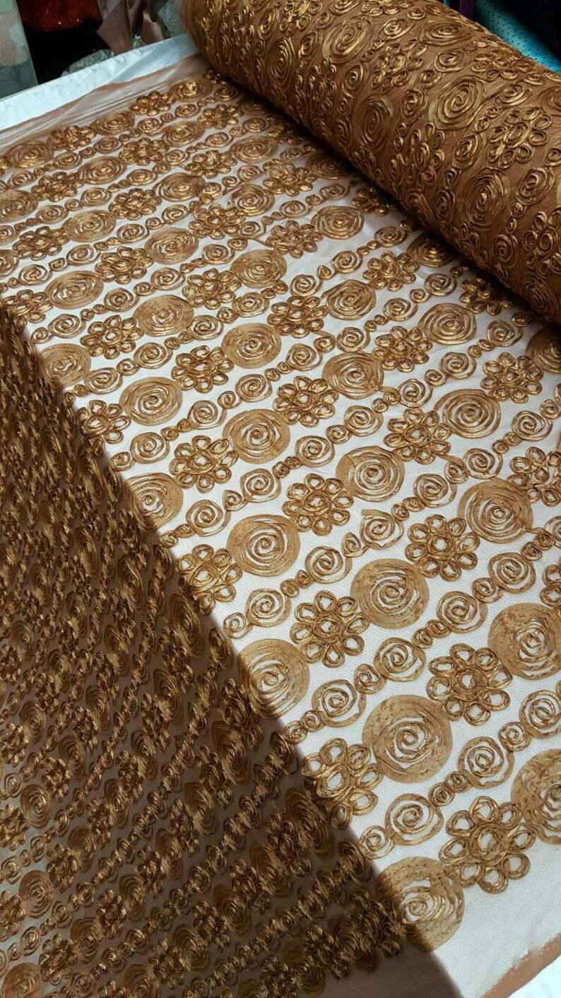 Copper Embroidered Lace with Floral Flowers and Ribbon on Mesh Fabric - Sold by the Yard