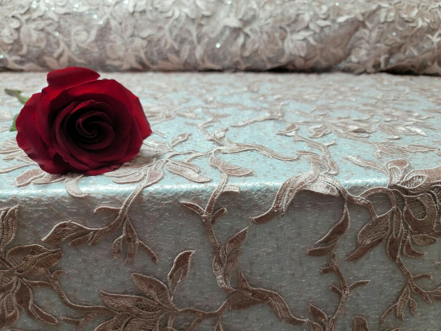 Dusty Rose Lace Guipure Mesh Embroidery with Clear Sequin Floral Fabric - Sold By the Yard - 59 Inches Wide