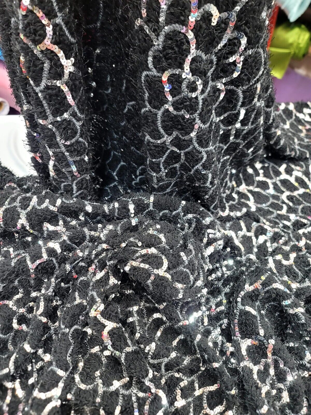 Shaggy Faux Fur Black Silver Sequin Design Stretch Fabric - Sold By The Yard