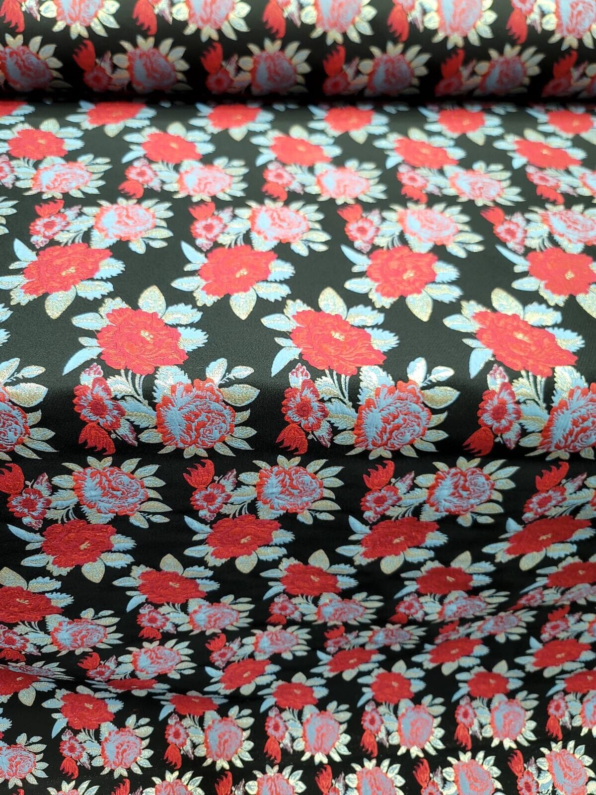 Baby Blue Red Floral Black Brocade Fabric - Sold By The Yard - For Dress Prom Bridal (60” Width)