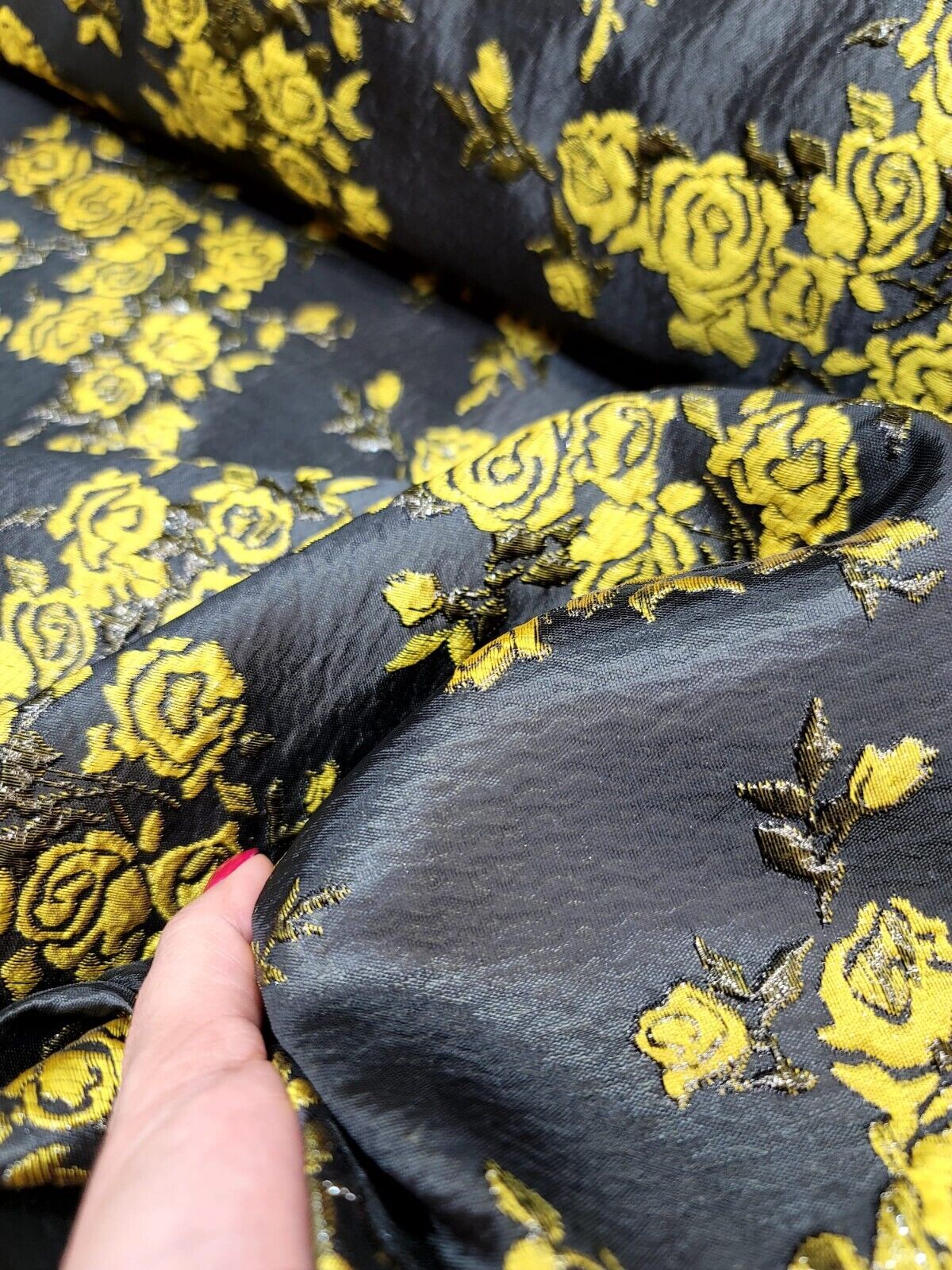 YELLOW Floral Black Brocade Fabric - By the Yard