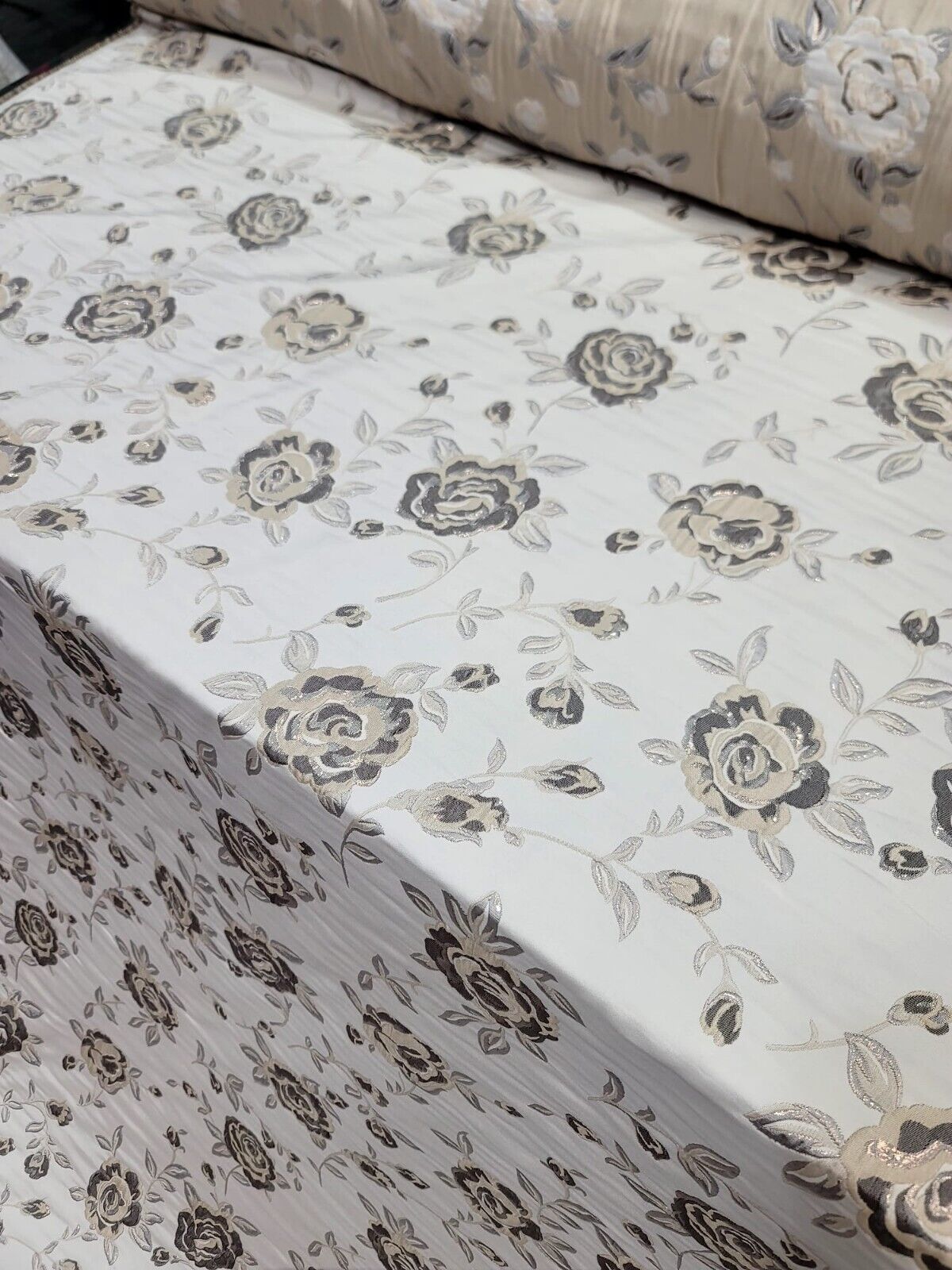 BEIGE GOLD Floral Brocade Fabric (60 in.) Sold By The Yard Embossed Flowers