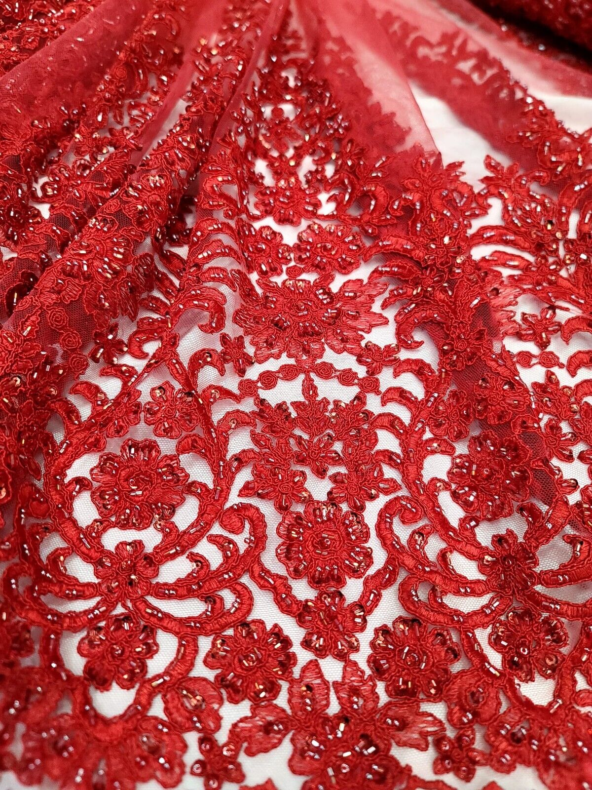 Red BEADED LACE FABRIC Sold By The Yard DOUBLE SCALLOPED EDGES SEQUINS PROM