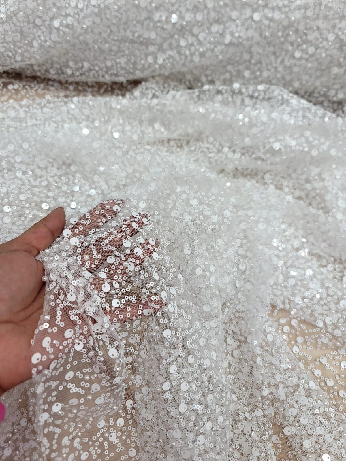 White Beaded Lace Fabric By The Yard - Embroidery Sequin On Stretch Mesh - Wedding