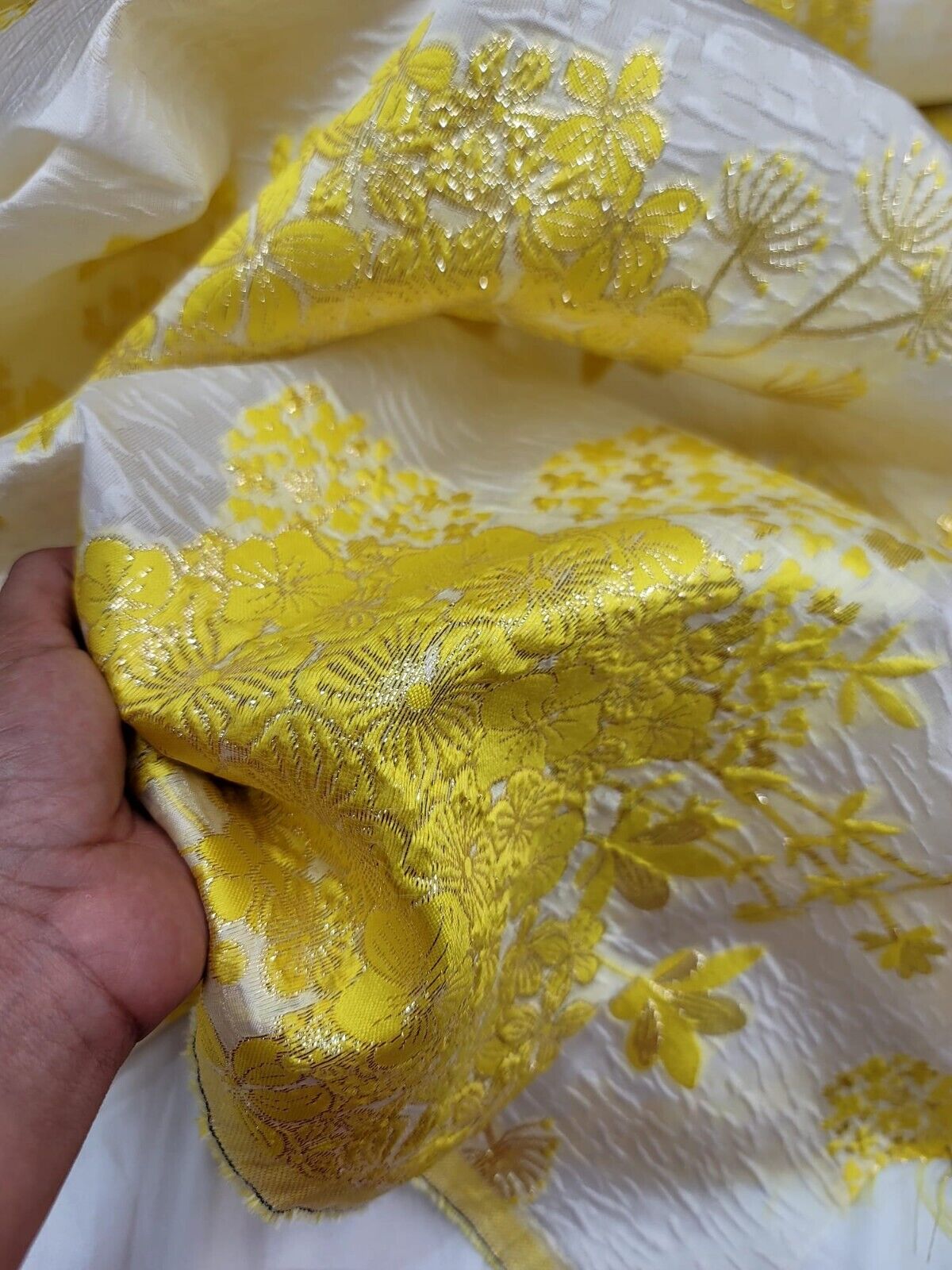 Yellow Floral Brocade Fabric on White Organza - Sold by Yard - Perfect for Prom Dresses, Gowns, and Elegant Creations