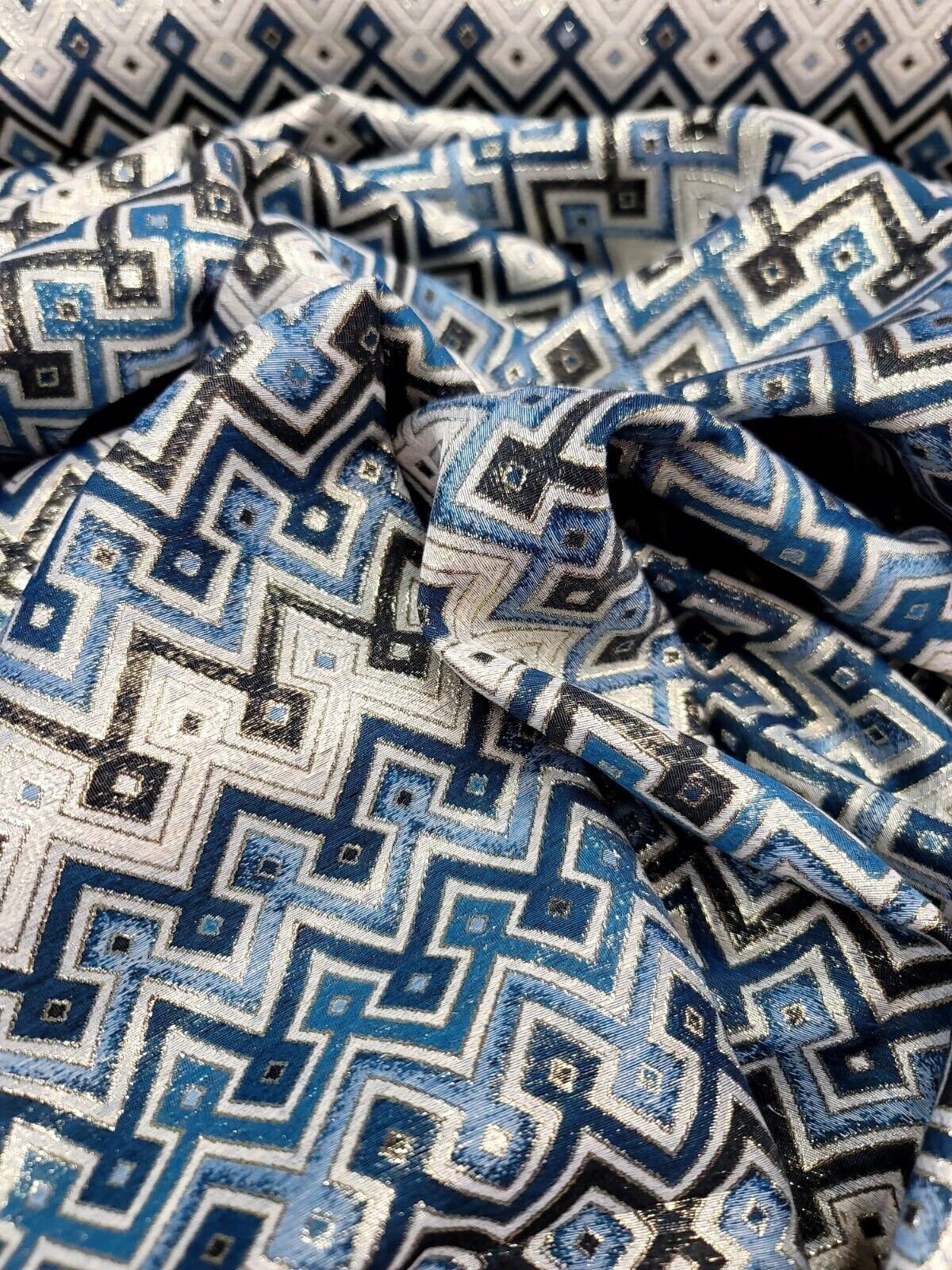 Teal Metallic Geometric Brocade Fabric - Sold by Yard - Perfect for Dressmaking, Upholstery, and High-End Creations
