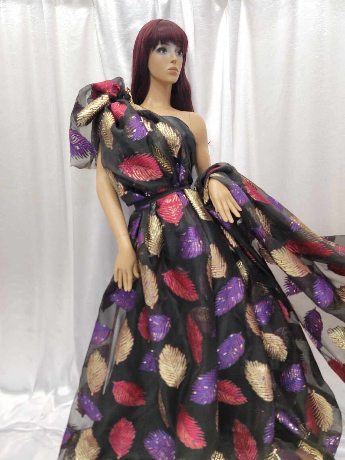 Leaves Purple Aqua Blue On Black Organza Brocade Fabric - Sold by the Yard - 57"