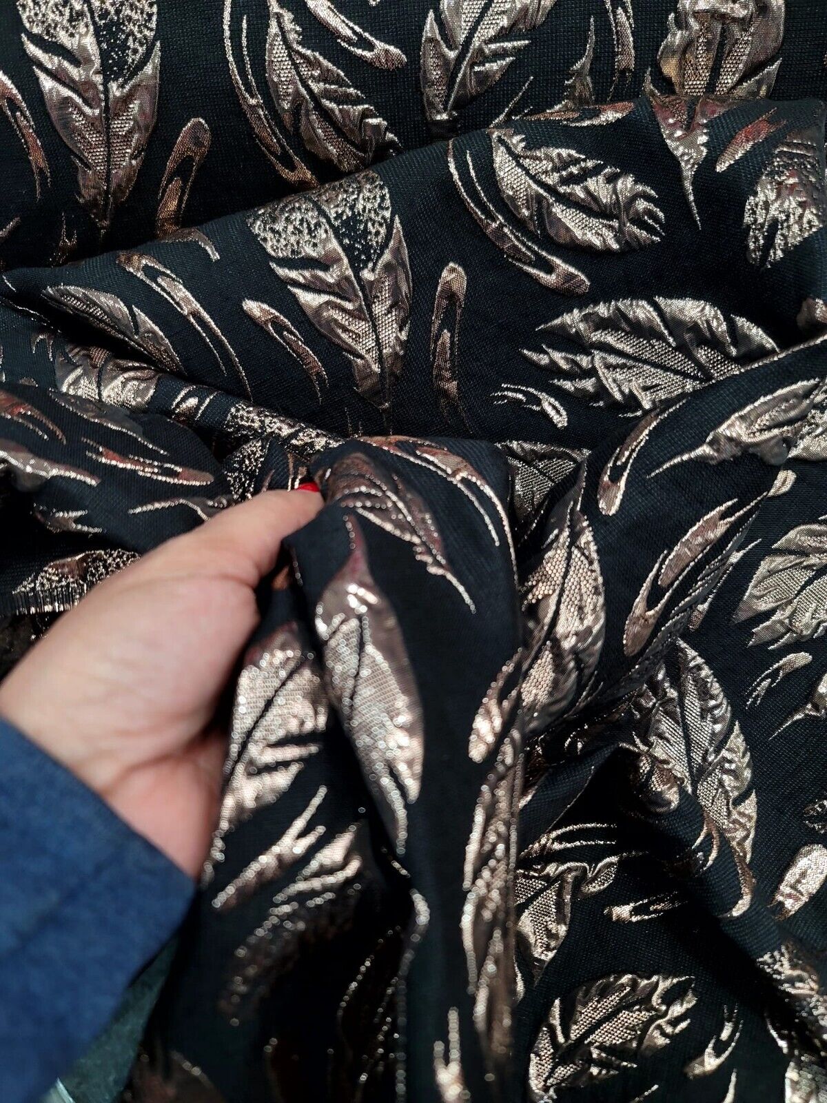 Black Gold Feathers Brocade Fabric - Sold By The Yard - Embossed Dress (60” Width)