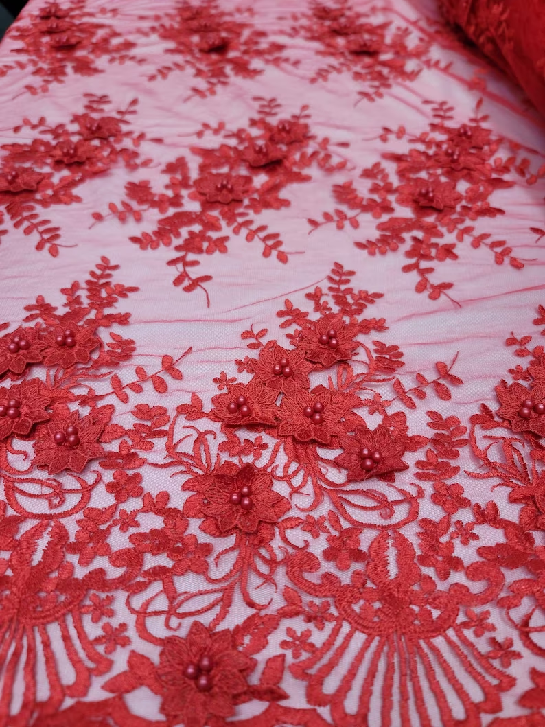 Red 3D Flower Lace Embroidery Lace Fabric - Sold by the Yard