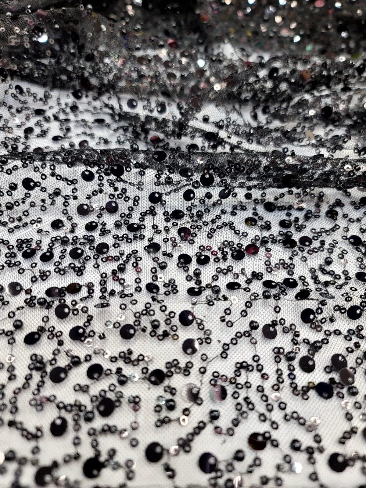Black Beaded Lace Fabric By The Yard - Embroidery Sequin On Stretch Mesh - Wedding