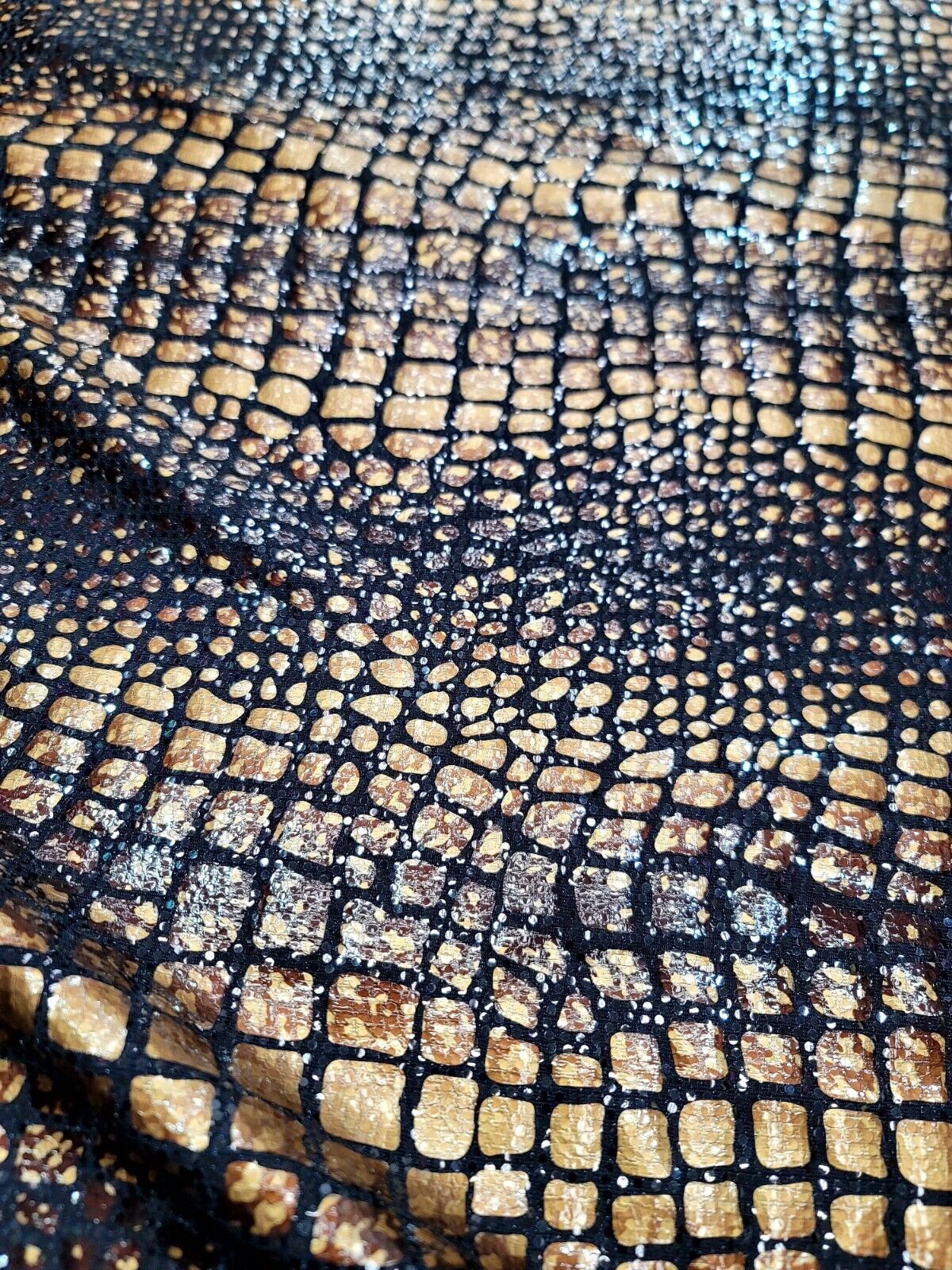 Brown Golden Desert Python Snake Print Stretch Black Sequins Fabric - Sold by the Yard