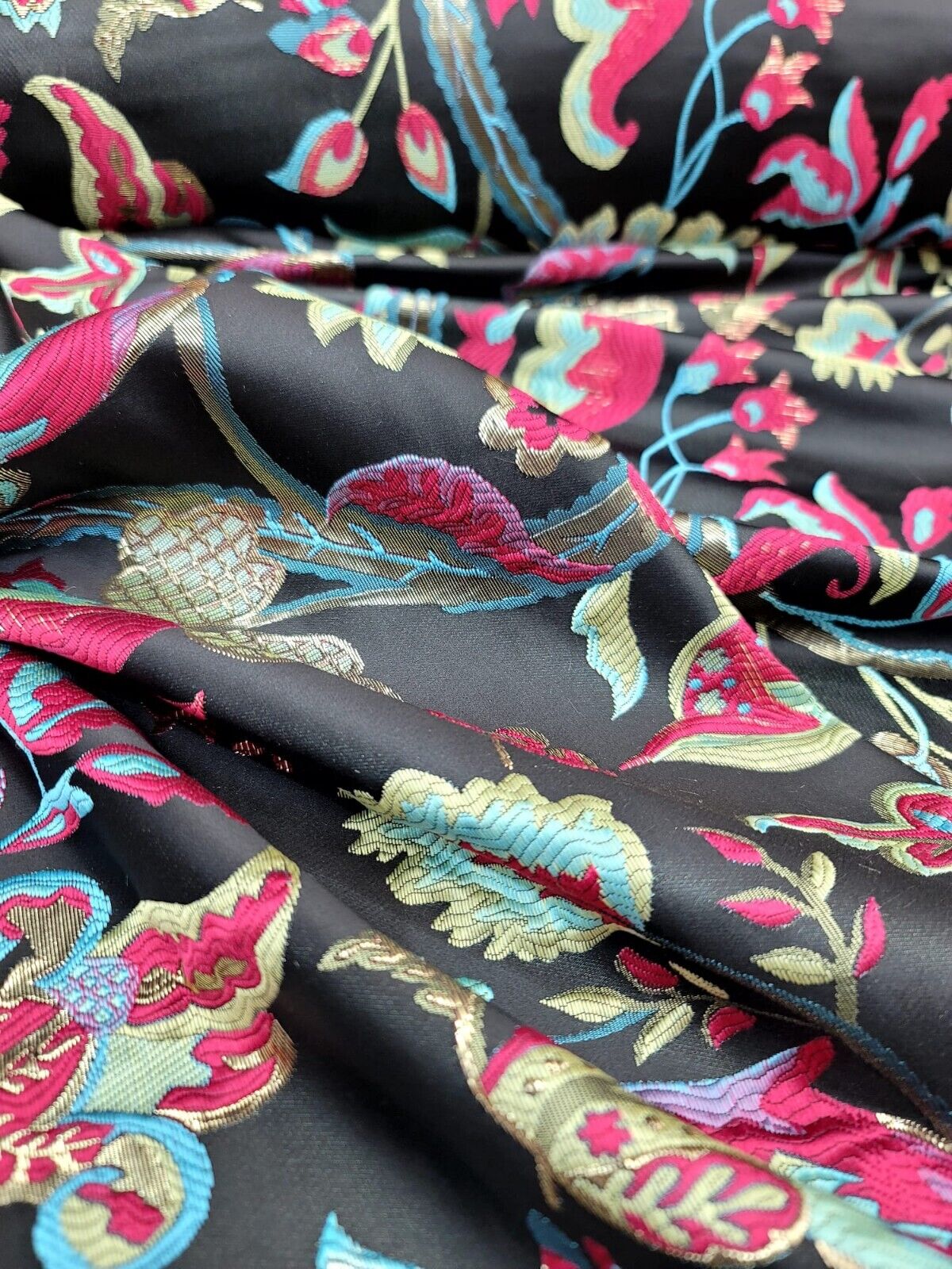 Vtg Brocade Upholstery Fabric By The Yard Green Fuchsia Blue Floral For Dress