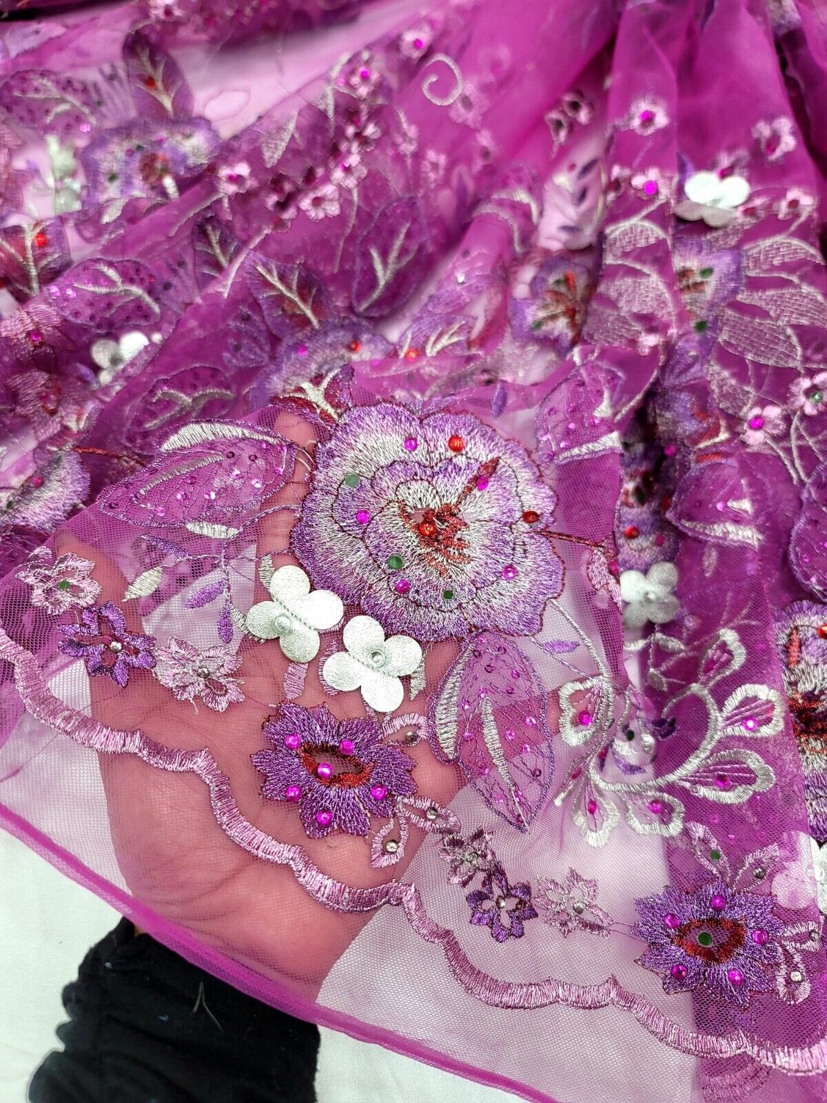 Purple Lace Fabric by the Yard - Floral 3D Silver Flower Embroidered with Glued Rhinestones