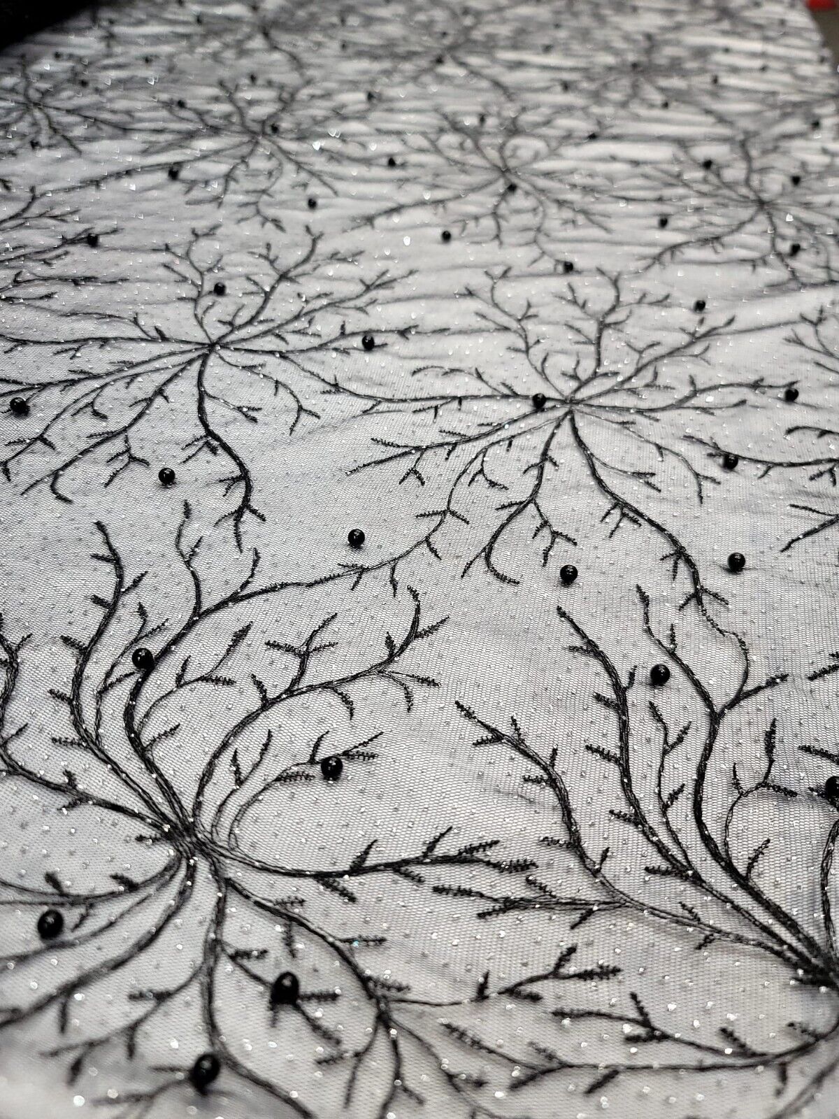 Black Silver Glitters and Embroidered Pearls Bridal Lace Fabric - 52" Width