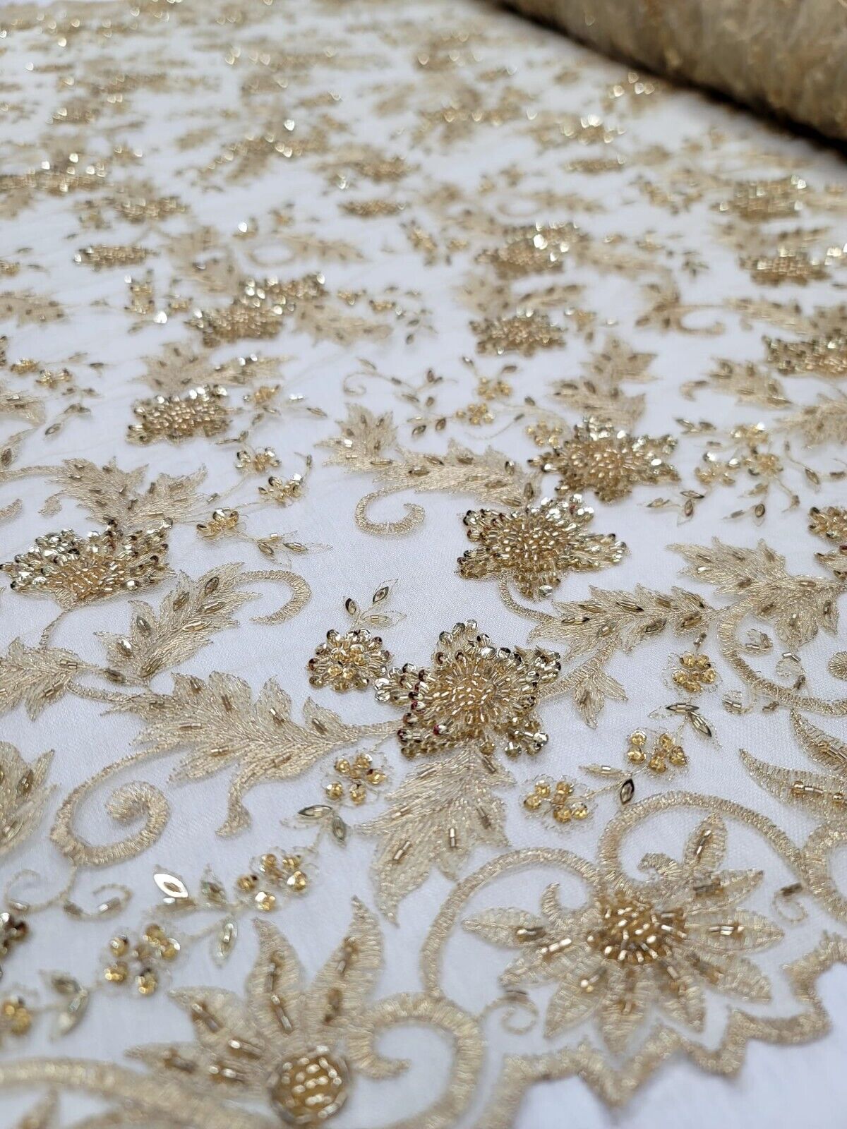 Orange Embroidery Lace Floral Flowers Beaded Fabric By The Yard Scalloped Bridal