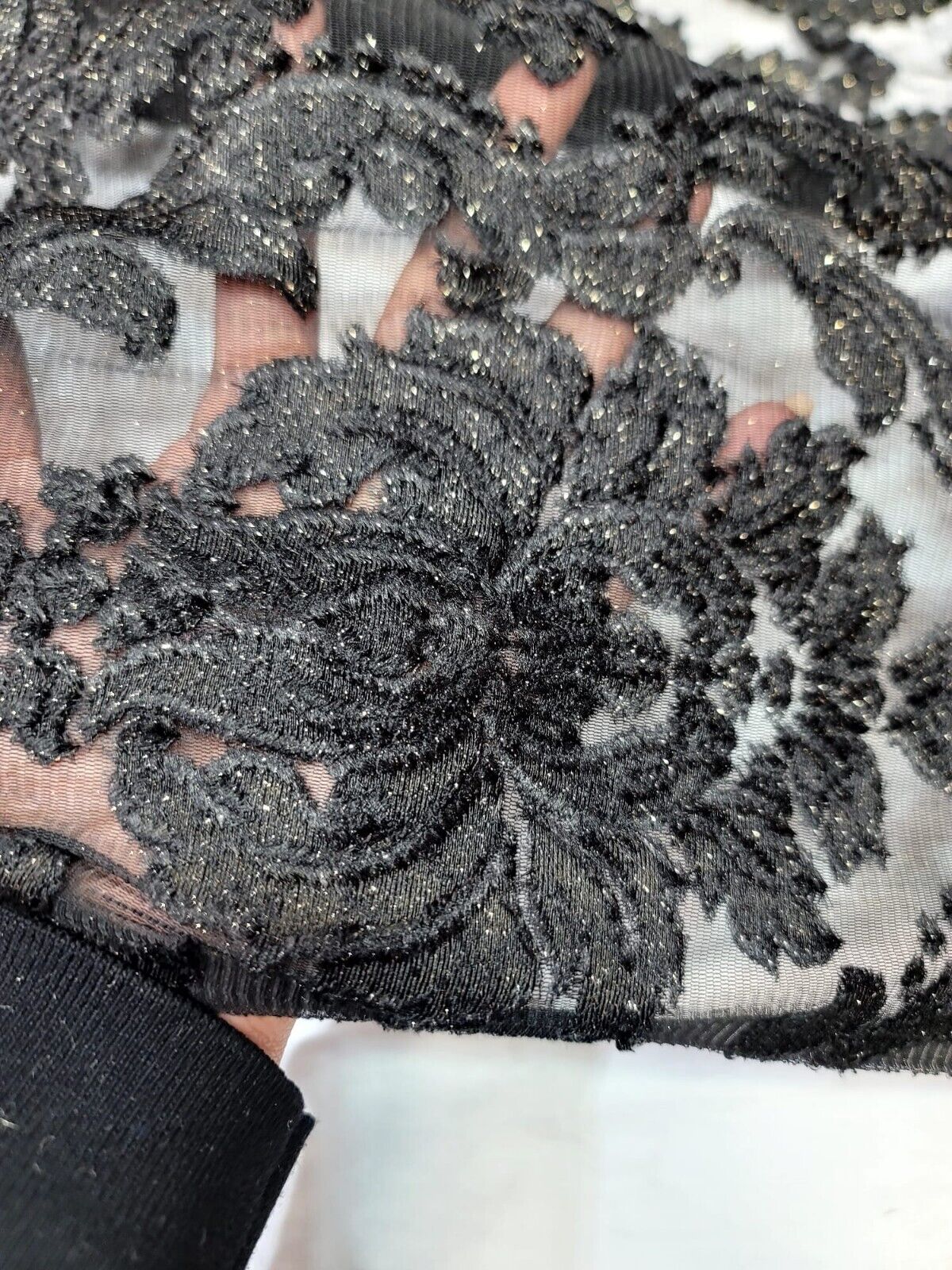 Embroidered Stretch Lace Apparel Fabric Sheer Black Floral Gold Accent - 52" Width