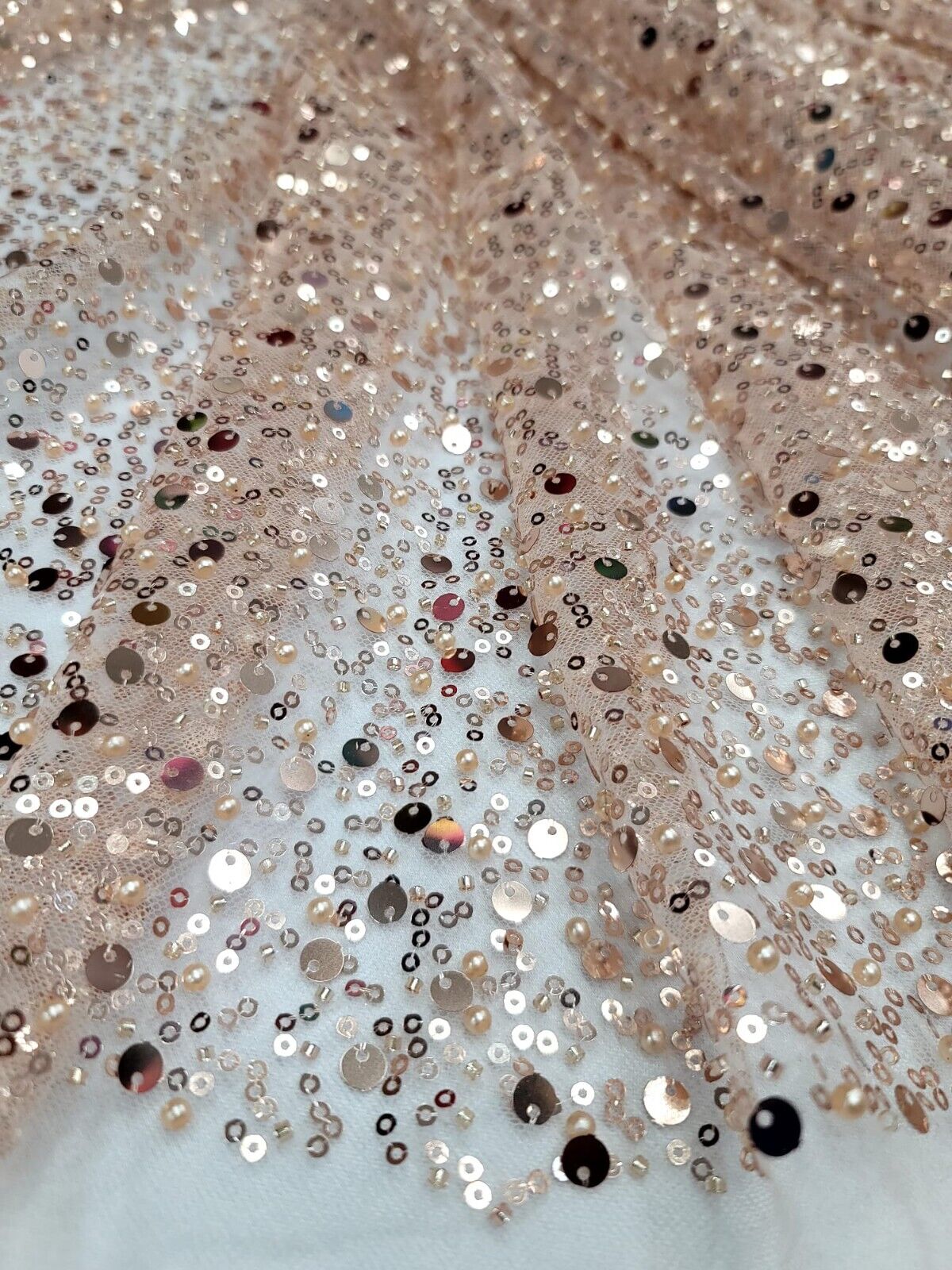 Rose Gold Sequins Beaded Embroidered Stretch Lace Fabric By The Yard - Perfect for Prom Dresses