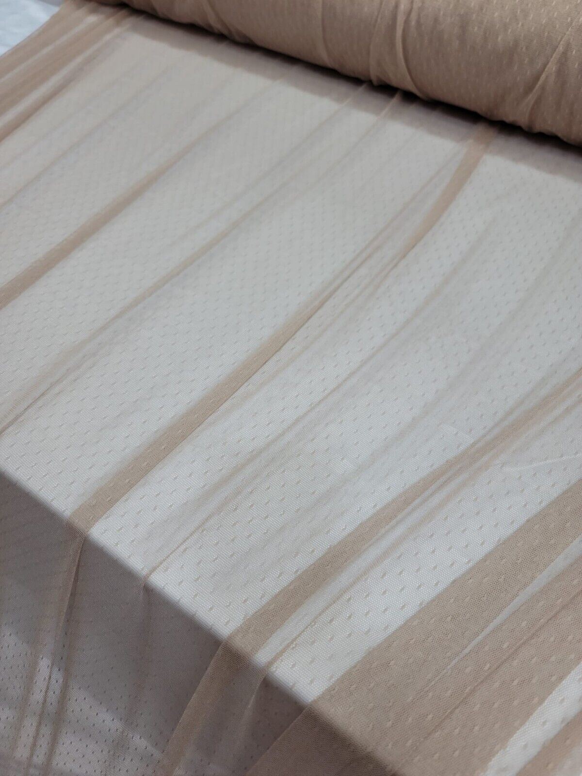 Beige Champagne Embroidered Polka Dots Mesh Prom Fabric - Sold by the Yard for Gown Quinceañera