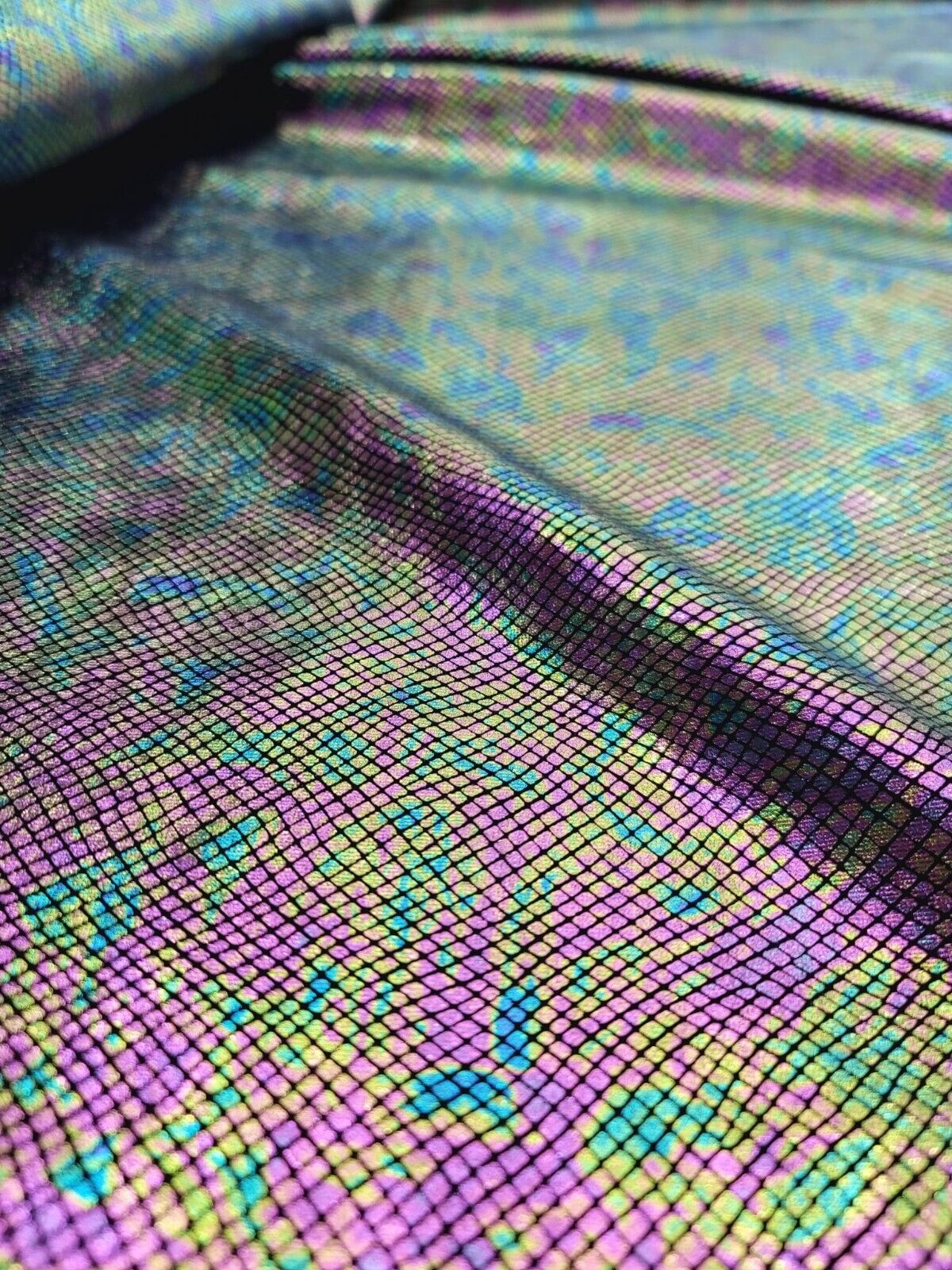 Exotic Design Iridescent Black Green Purple Print On Stretch Velvet Foil Fabric - Sold By the Yard