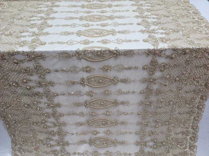Champagne Beaded Lace Embroidery Floral Fabric - Sold by the Yard - Perfect for Prom Gowns and Quinceañera Attire