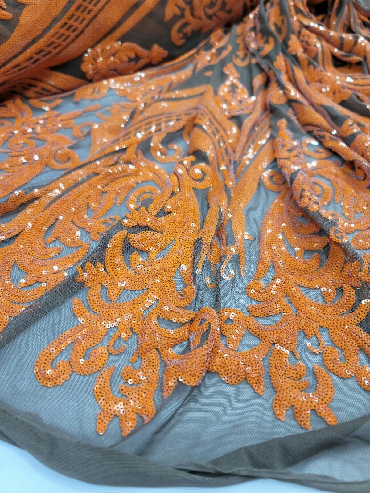 Orange Sequin Embroidered Lace Brown Stretch Mesh Fabric by the Yard For Dress