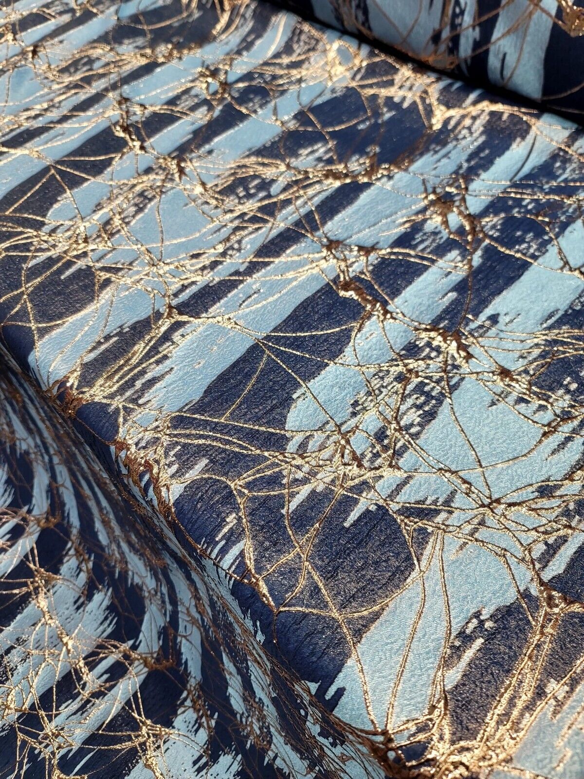 Navy Blue, Sky Blue and Gold Metallic Brocade Fabric - Sold by Yard - Perfect for Fashion, Upholstery, and Elegant Creations