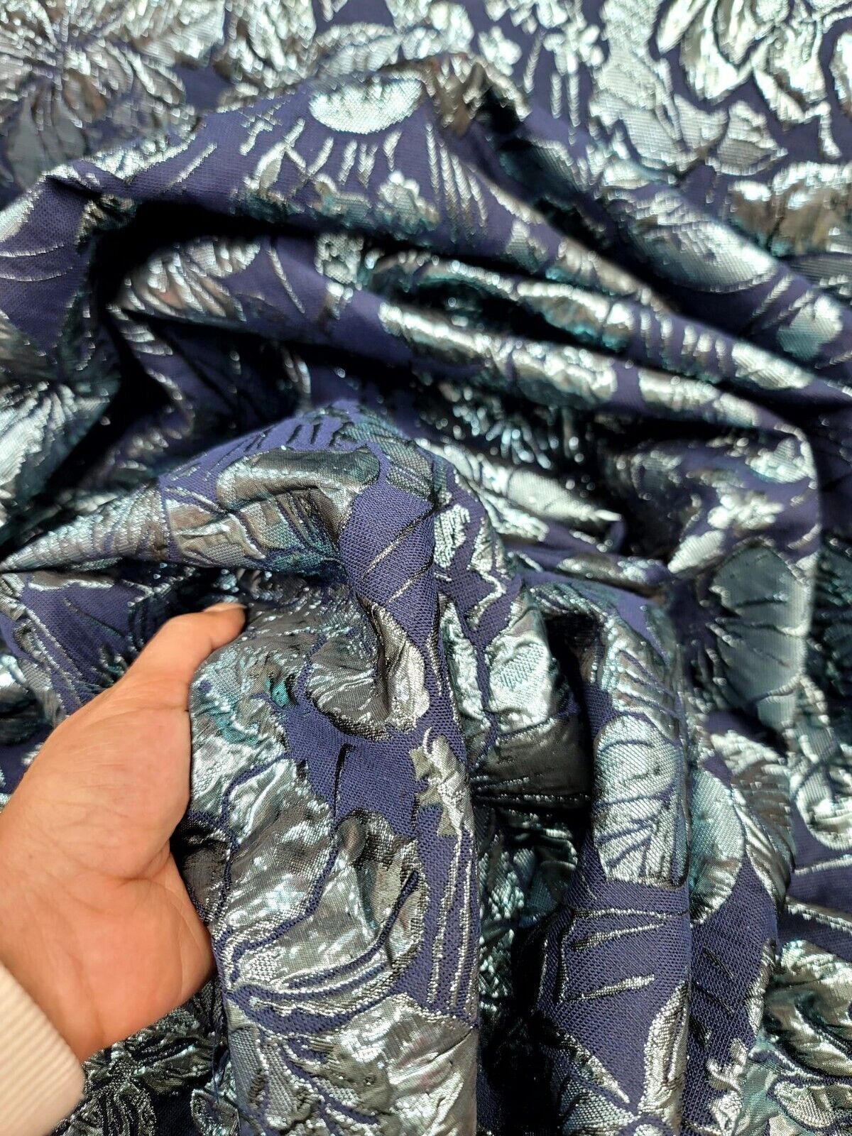 Metallic Blue Floral On Navy Blue Brocade Fabric 60" W Sold By The Yard Dress Pr