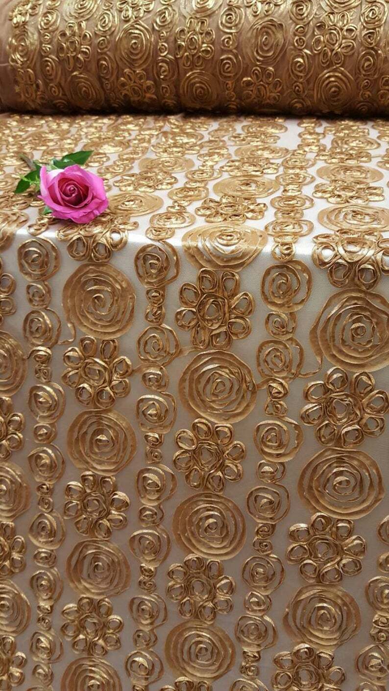 Copper Embroidered Lace with Floral Flowers and Ribbon on Mesh Fabric - Sold by the Yard