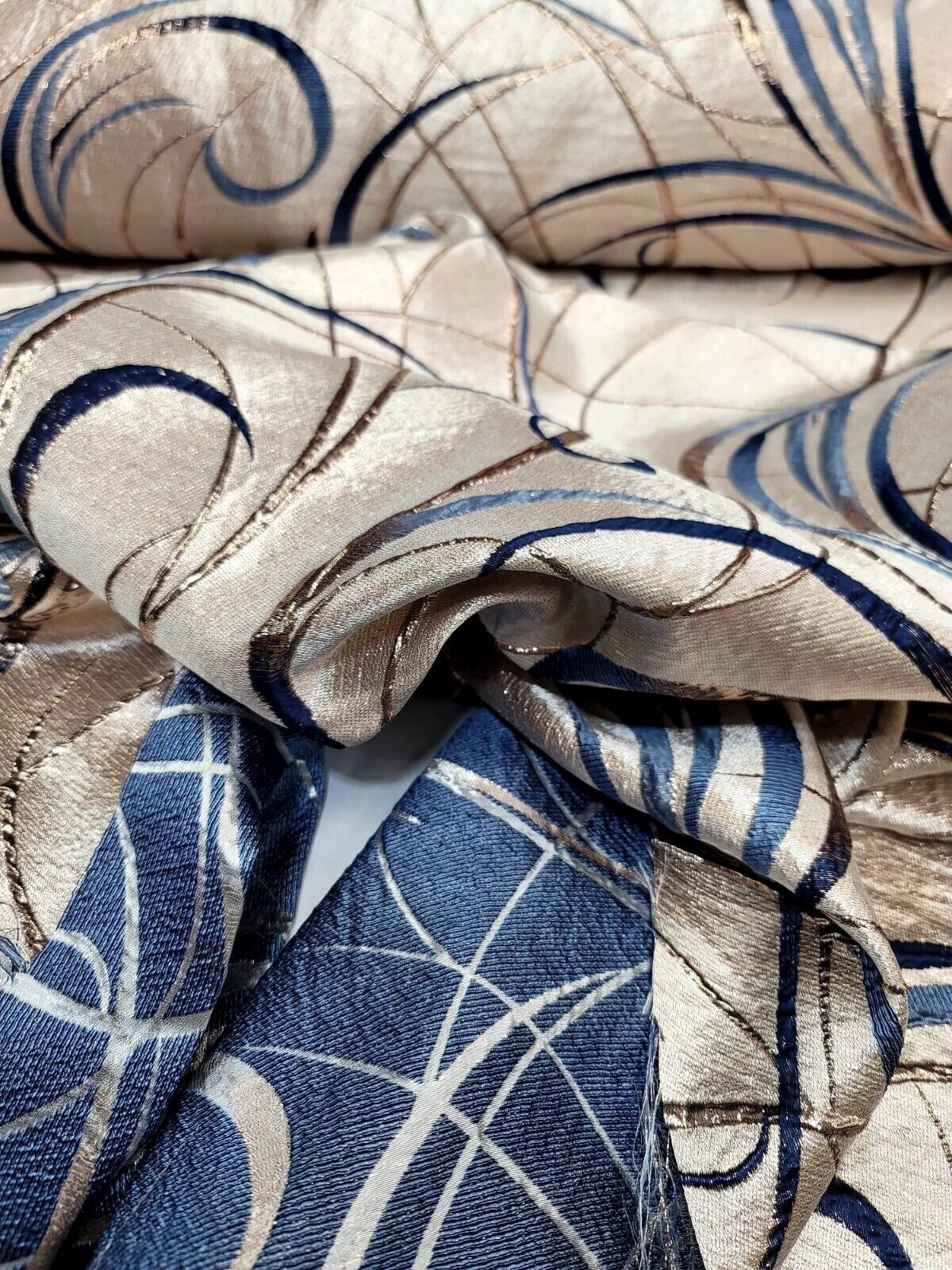 Navy Blue Swirls Brocade Jacquard Textured Gold Metallic On Beige Jacquard