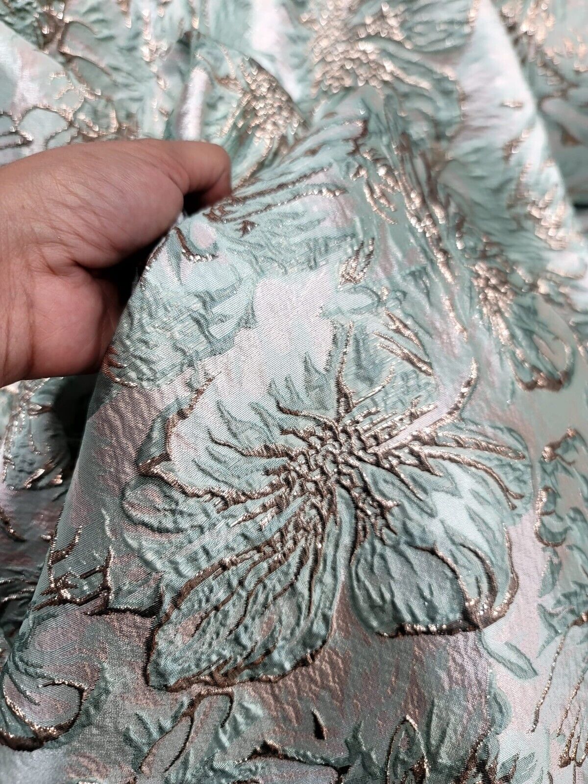 MINT GREEN ROSE GOLD Floral Brocade Fabric - Sold by the Yard