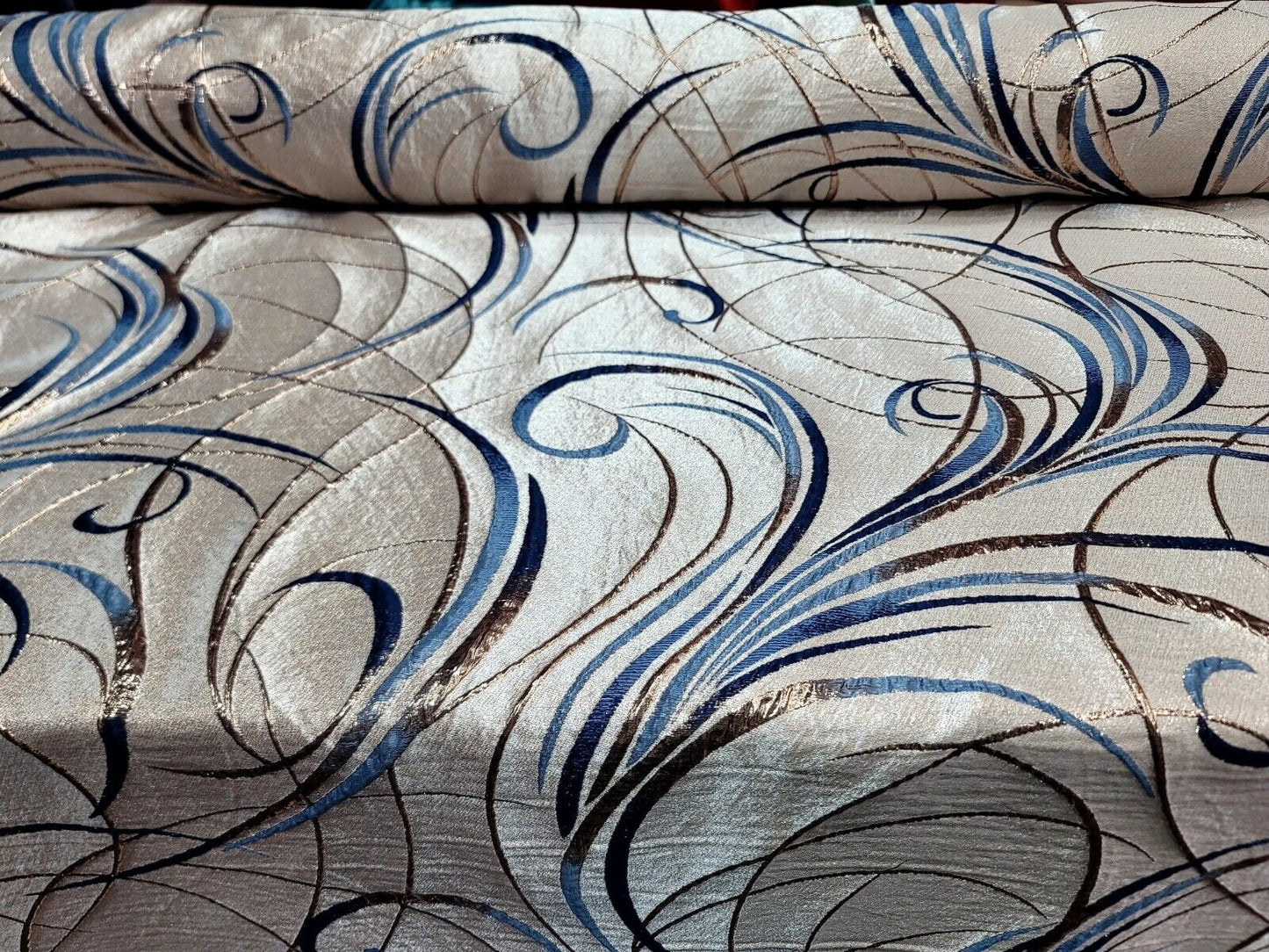 Navy Blue Swirls Brocade Jacquard Textured Gold Metallic On Beige Jacquard