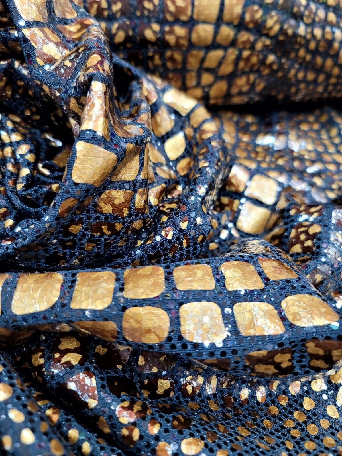 Brown Golden Desert Python Snake Print Stretch Black Sequins Fabric - Sold by the Yard