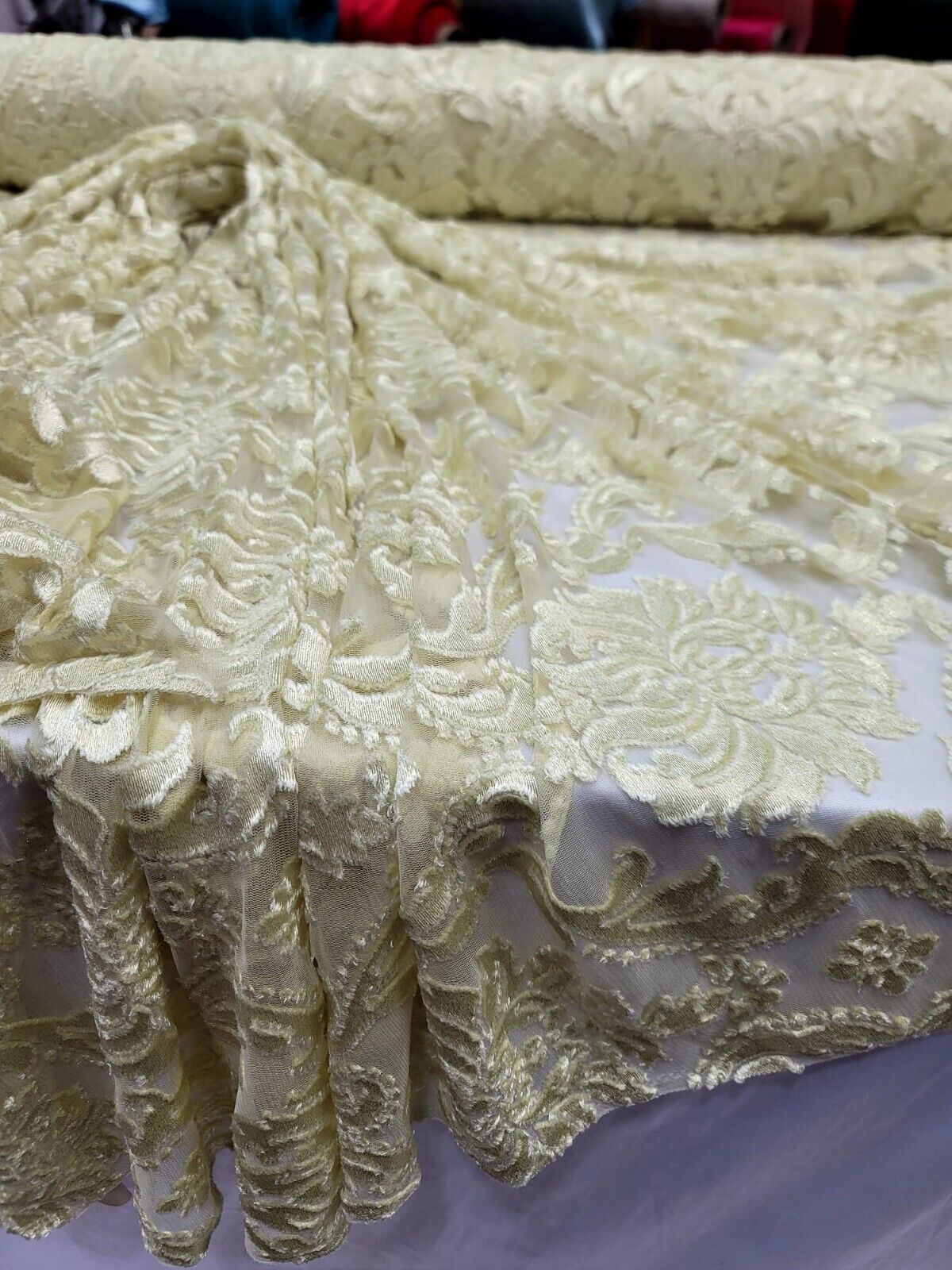 Embroidered Stretch Lace Apparel Fabric Sheer Floral Pale Yellow - 60" Widt