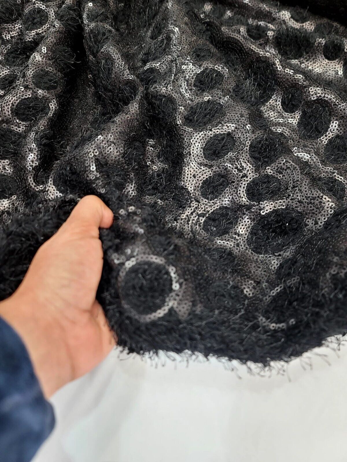 Black Fringes Shaggy Stretch Fabric By The Yard - Eyelash Matte Sequins