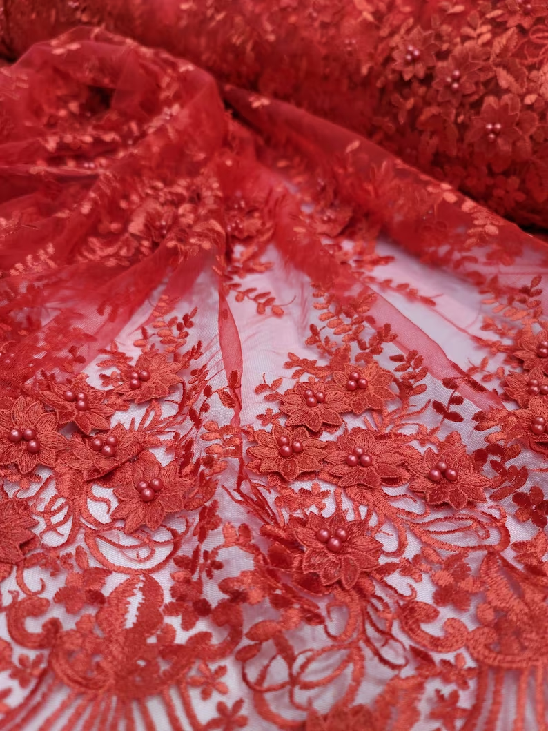 Red 3D Flower Lace Embroidery Lace Fabric - Sold by the Yard