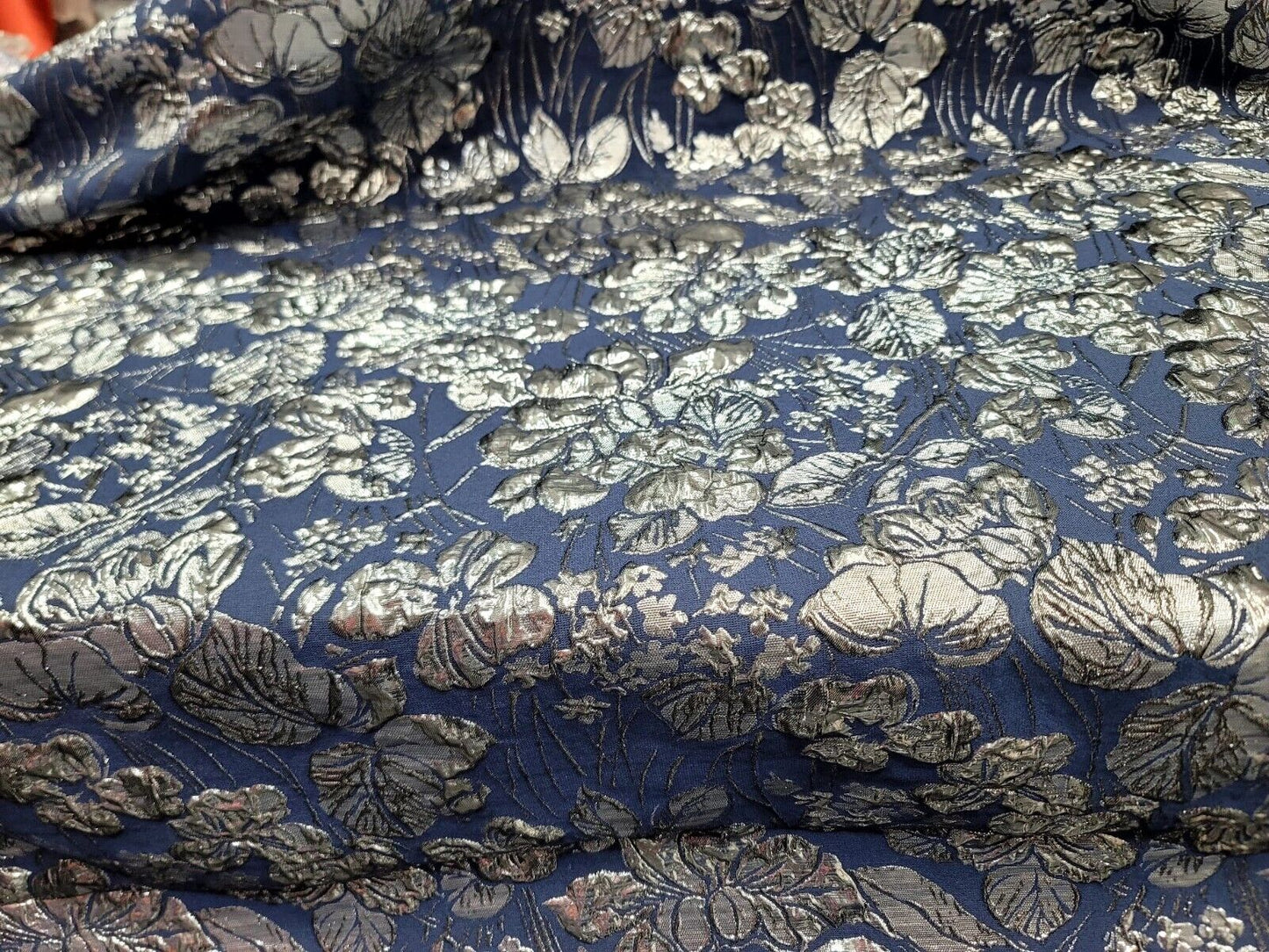 Navy Blue Brocade Silver Floral Prom Fabric - Sold By The Yard - Gown Quinceañera (60” Width)