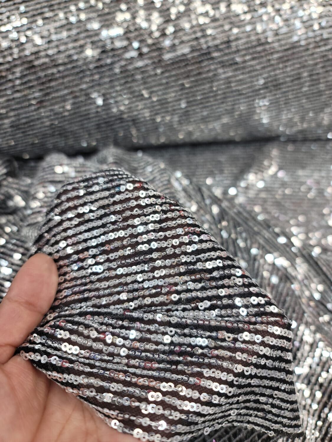 Silver Sequin Fabric on Black Stretch Mesh - 3MM Glitz Mini Sequins - Sold by the Yard