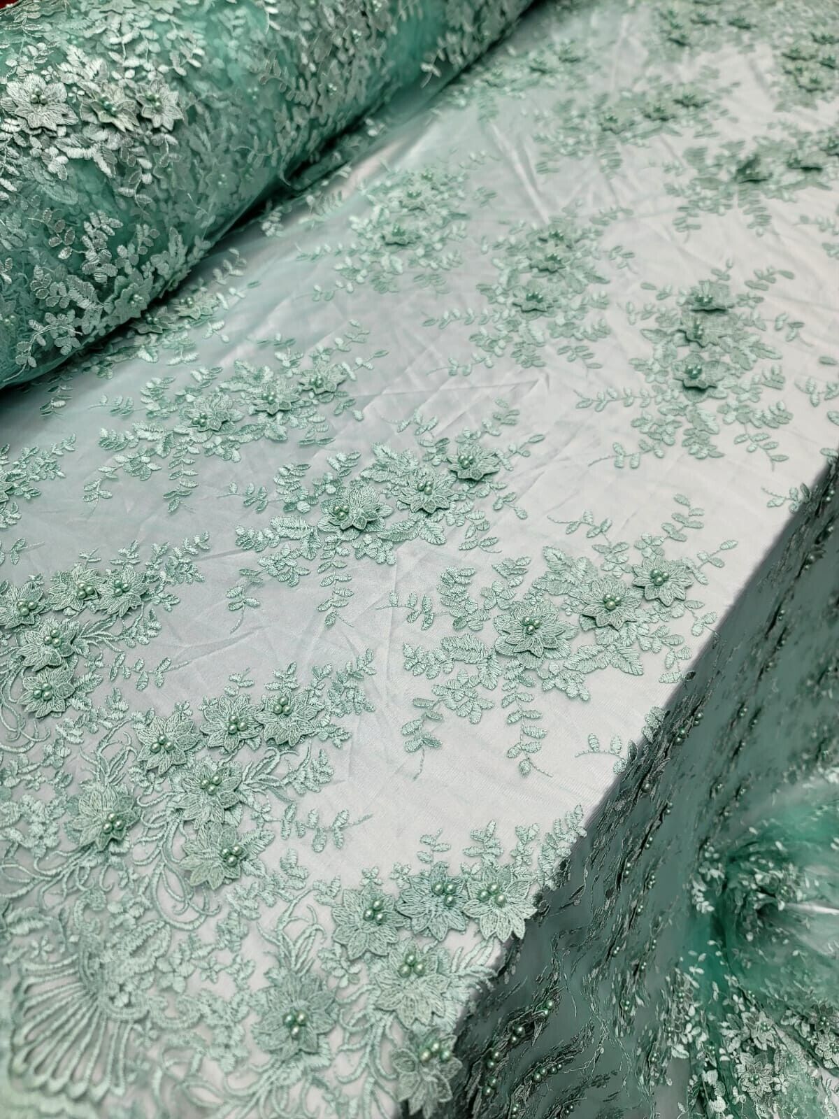 Sage green 3d Floral Embroidery Pearls Mesh Lace Scalloped Fabric By yard 54" w
