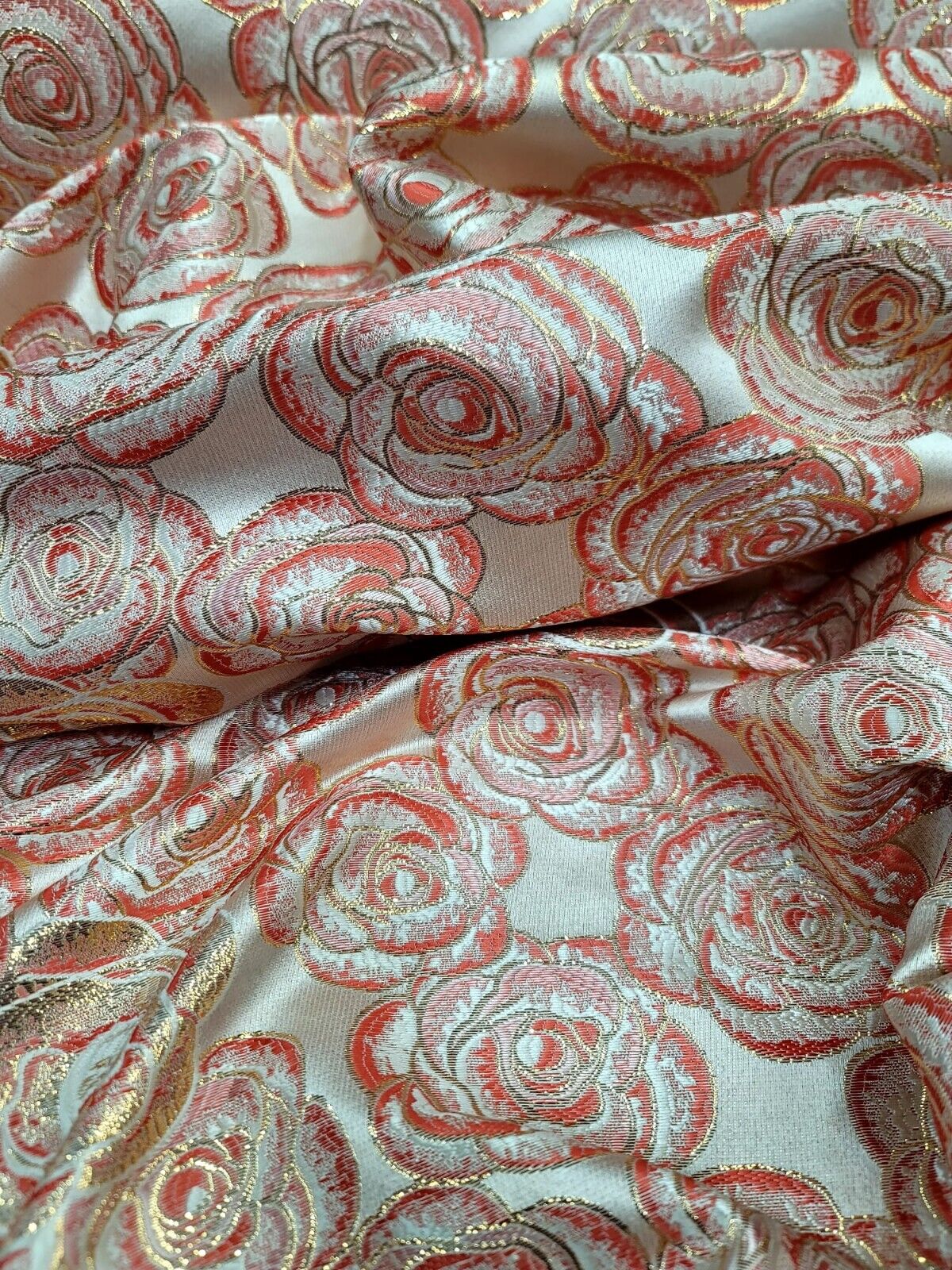 CORAL FLORAL BROCADE FABRIC SOLD BY THE YARD ACCENT GOLD FOR DRESS UPHOLSTERY