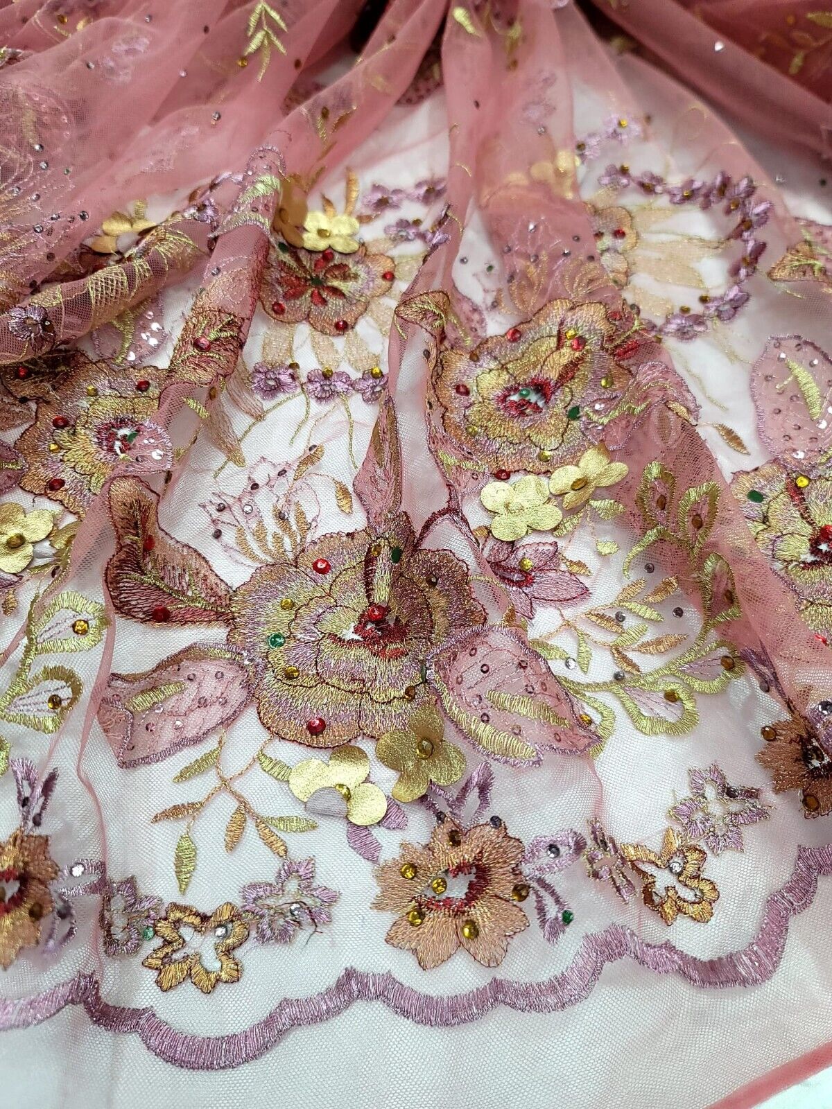 3D Gold Floral Coral Lace Fabric with Rhinestones - Sold by the Yard