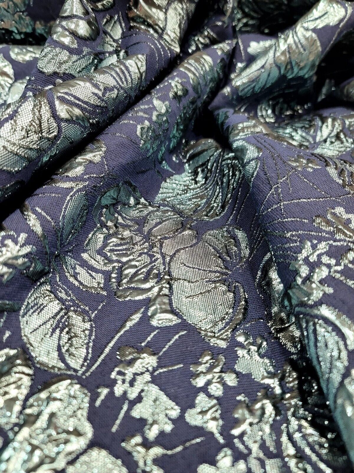 Metallic Blue Floral On Navy Blue Brocade Fabric 60" W Sold By The Yard Dress Pr