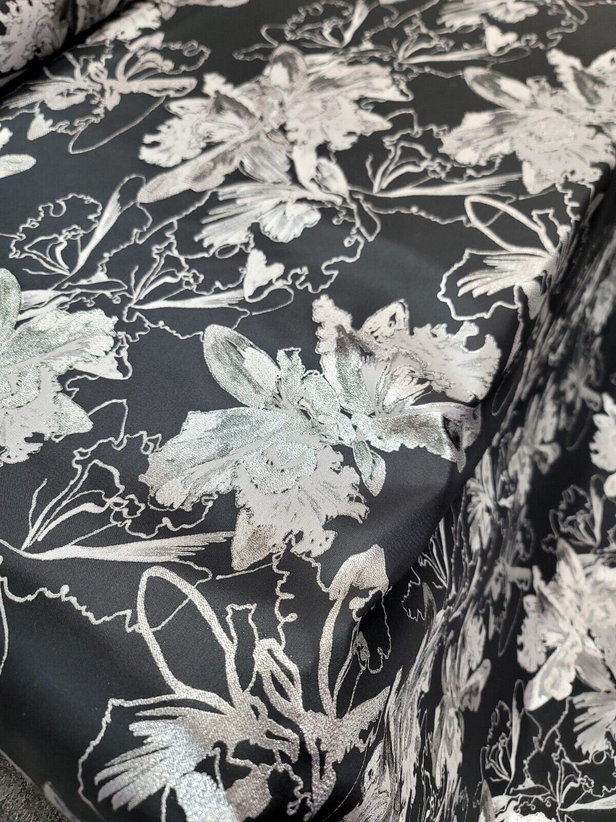 Silver Floral Black Brocade Fabric - 60" Width - Sold by the Yard